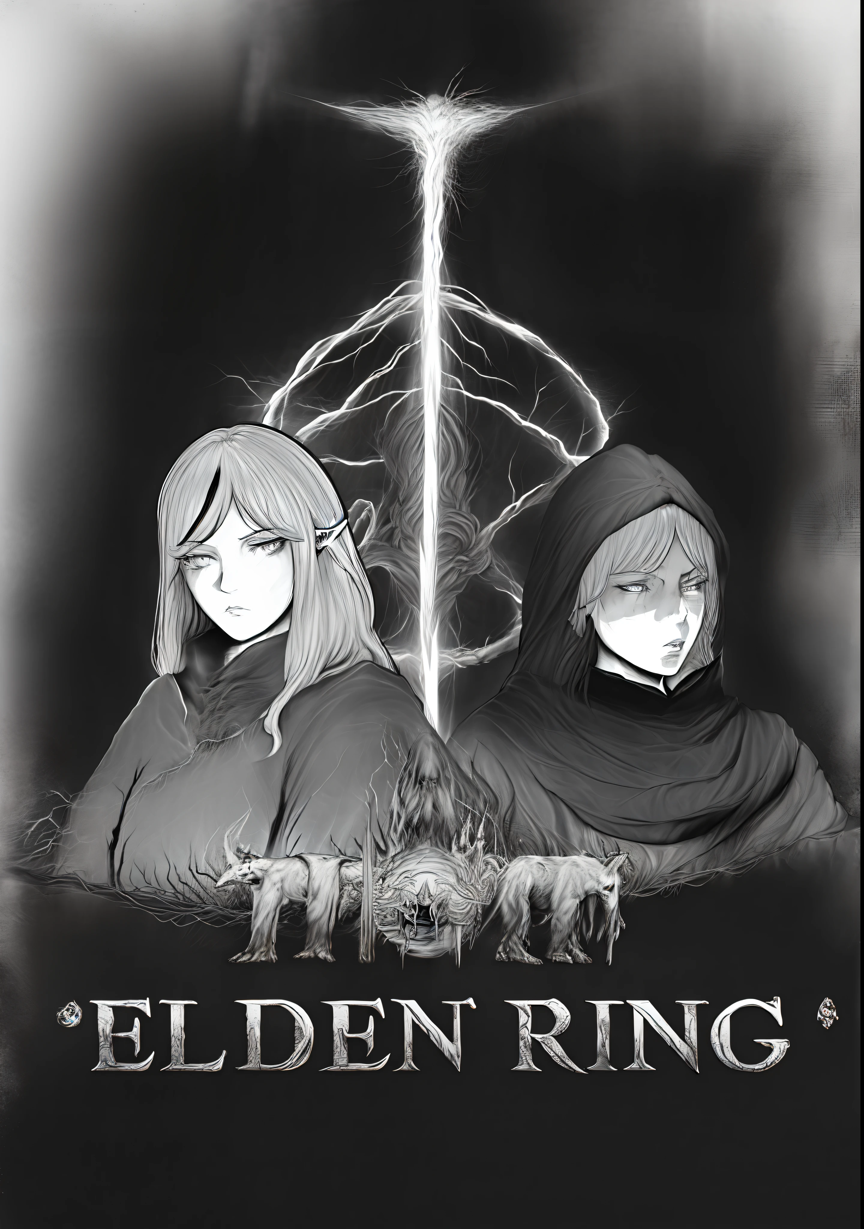 Several people stood side by side in front of Lightning, Elden ring style, elden ring inspired, elden ring official, Eldon ring, elden ring class, of an elden ring elf, elder ring, elden ring monster, elden ring art, elden ring capitol, comic strip, elden ring concept art, cover manga