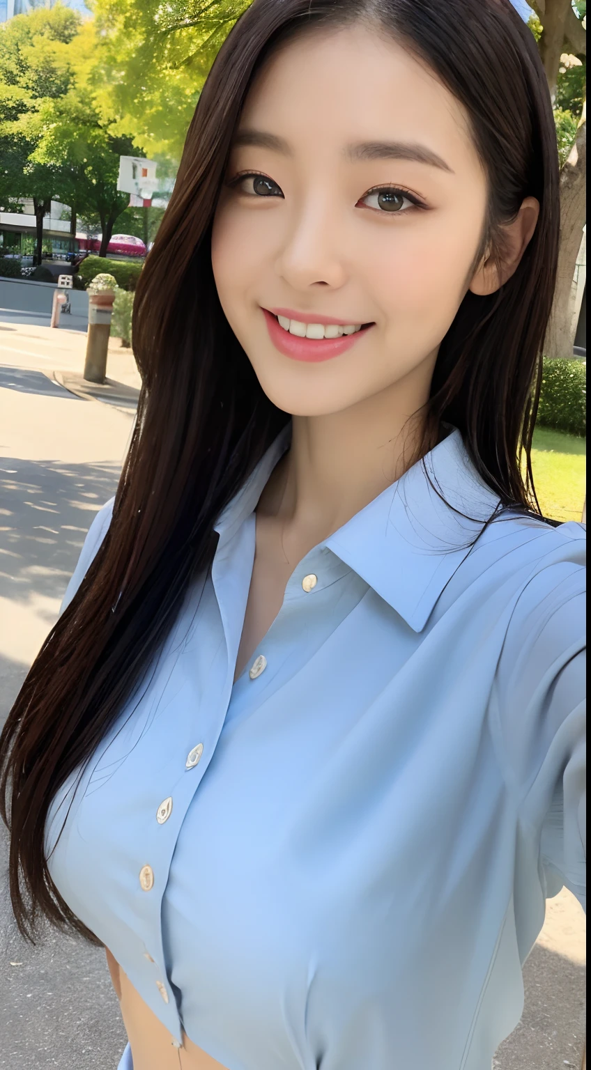 ((top-quality、8K、masterpiece:1.3))、foco nítido:1.2、Beautiful woman with perfect body shape:1.4、Slim abs:1.2、(Layered Hair Style:1.2))、(Wet white button long shirt:1.3)、Sateen:1.3、Street:1.2、wetbody:1.1、Highly detailed facial and skin texture、A detailed eye、二重まぶた、Very big big hidden under a button shirt with a collar、A smile、full body seen、OL、Office Casual Suit Setup、a park、tree planting、OL、accessorized、Shoulder Bag、