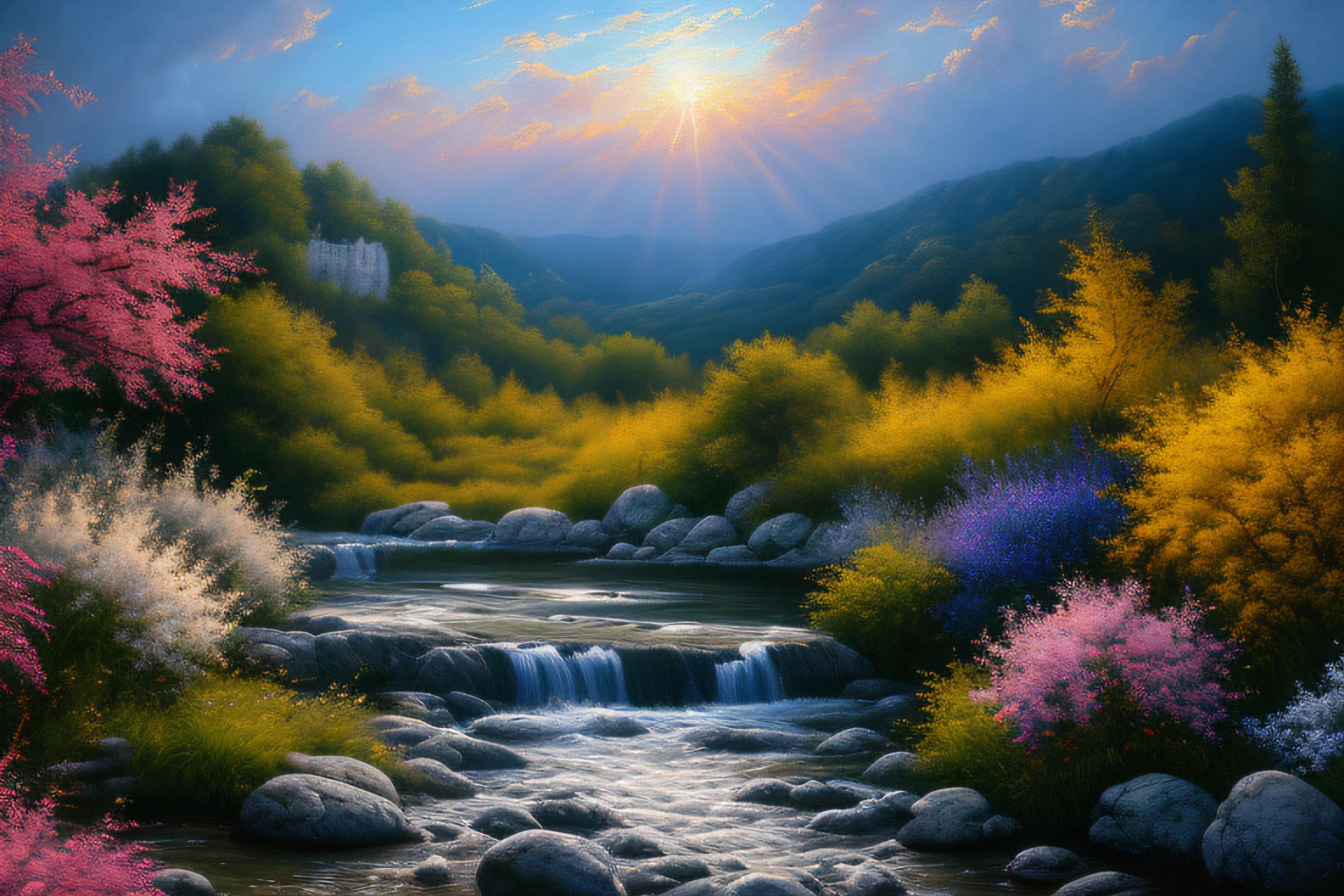 paysage, mer cristalline bleu cobalt,fleurs d'orangers, Eau cristalline, coucher du soleil, ,(Highly detailed CG Unit 8k wallpaper), The most beautiful work of art in the world, Professional majestic oil painting, complexe, High detail, mise au point nette, dramatique, Art of photorealist painting,