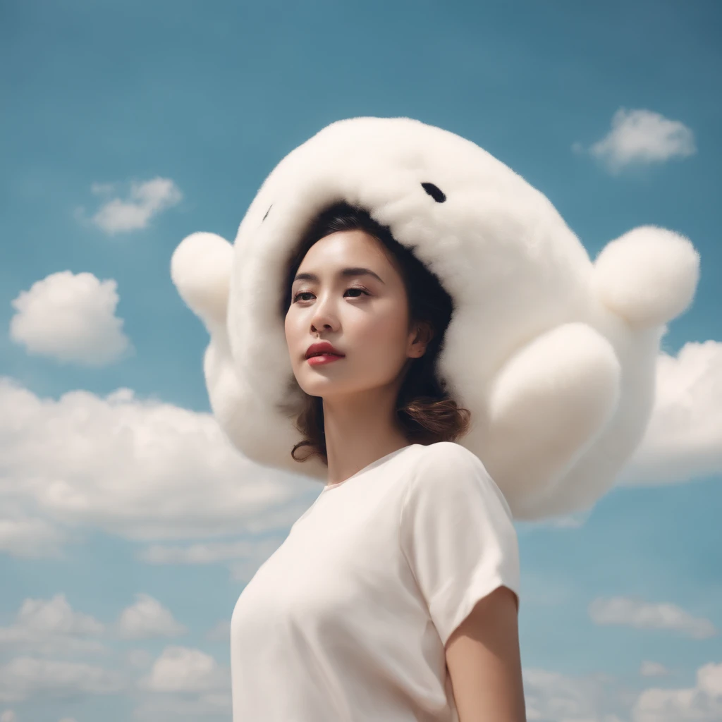 Masterpiece, Top quality, cinematic Film still from, One girl, Floating in the sky, Cloud Girl, Clouds, (Close-up: 1.1), Bright, cheerfulness, fun, Soft lighting, (bauhause, Shape, Line, abstracted: 1.1), panda ears