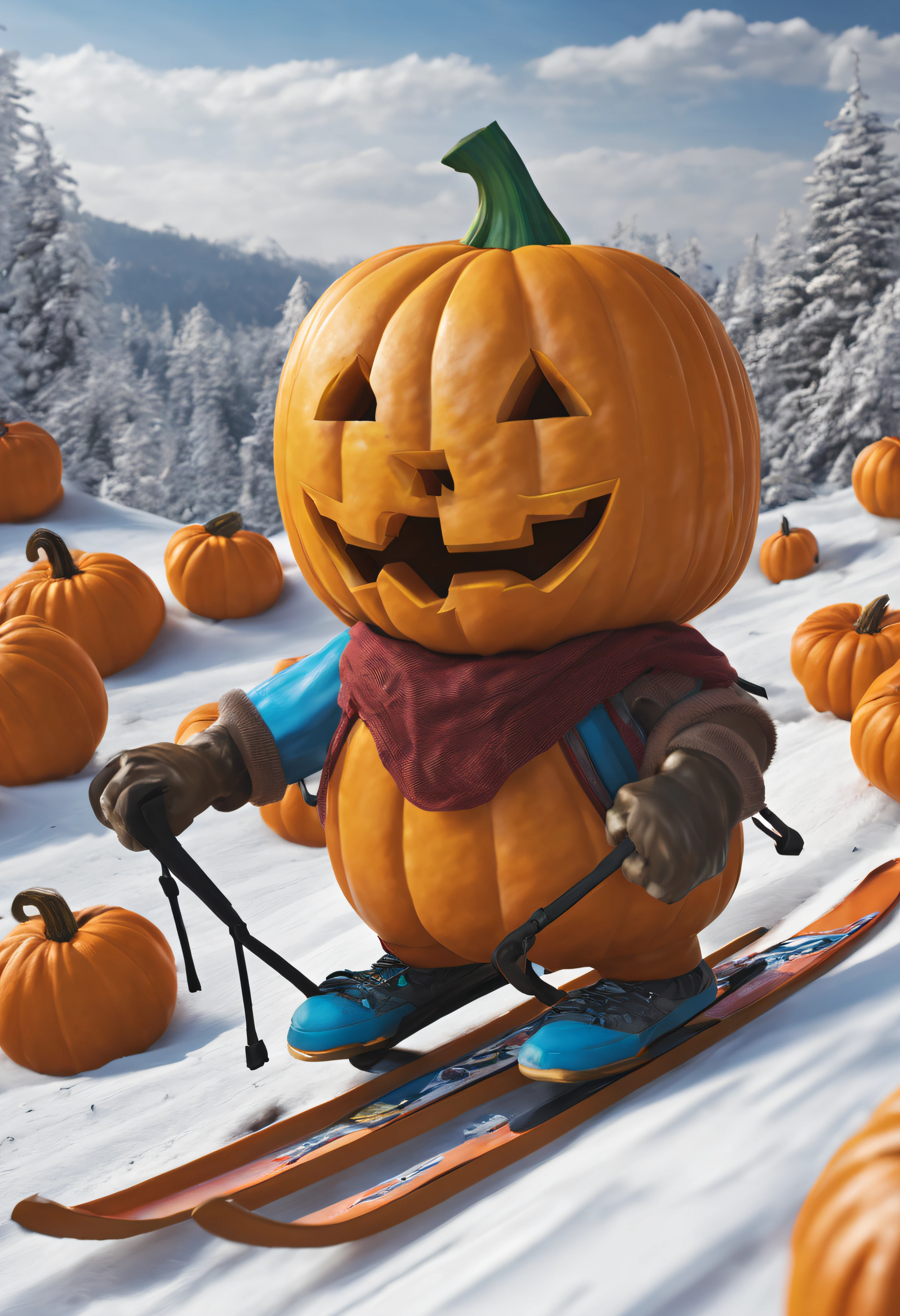A milky white gourd-shaped pumpkin glides down the ski run,Its expression is cute and vivid。It gives a sense of intimacy with big eyes and a smiling mouth,It spice up the whole scene。 Dynamically capture the scene of pumpkins sliding fast on the slopes。The gourd shape and cute expression of the pumpkin make it look dynamic and agile。(A panoramic view shows what a pumpkin glides on the slopes:1.3),The surrounding winter scenery contrasts with the bright colors of the pumpkin,Create a beautiful and interesting picture。 Side view,Show the pumpkin as it gestures during skiing。The pumpkin's eyes and mouth highlight its personality,Make the whole scene more lively and interesting。