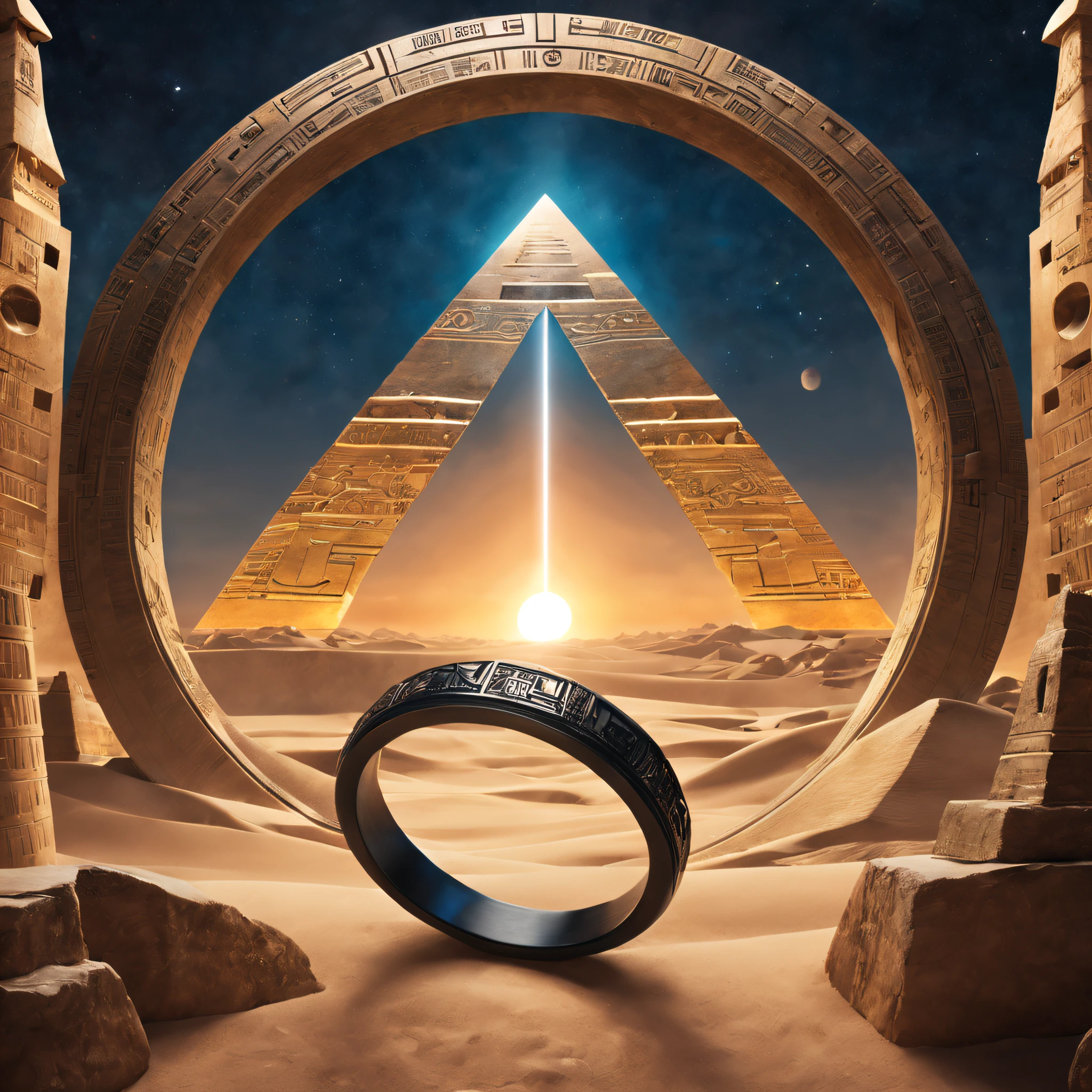 Composition: Craft a composition that transcends time and space, fusing the mysteries of ancient Egypt with the allure of a cosmic Stargate. The focal point is a resplendent metal ring, inviting viewers into an extraordinary narrative that seamlessly weaves history and science fiction.
Metal Ring: The metal ring takes center stage, a relic from the heart of ancient Egypt, intricately adorned with hieroglyphics and symbols. In its design, infuse hints of a cosmic essence, connecting it to the enigmatic concept of a Stargate. Use Danbooru tags like "ancient_Egypt," "mythological_relic," and "cosmic_ring" to inspire the artist in creating a ring that bridges worlds and times.
Background: The backdrop should be a captivating blend of ancient Egyptian grandeur and the enigmatic presence of a Stargate. Incorporate pyramids, hieroglyph-covered obelisks, and the mesmerizing whirl of a Stargate's event horizon. The play of light and shadow should enhance the ring's mysterious qualities while hinting at cosmic travel.
Style: Achieve a harmonious fusion of digital anime illustration and 3D CGI to bring the historical and the fantastical together. Ensure that the final image is high-resolution, allowing the intricate details of the metal ring and its surroundings to shine, capturing the imagination of viewers who explore the confluence of ancient Egypt and futuristic interstellar travel.