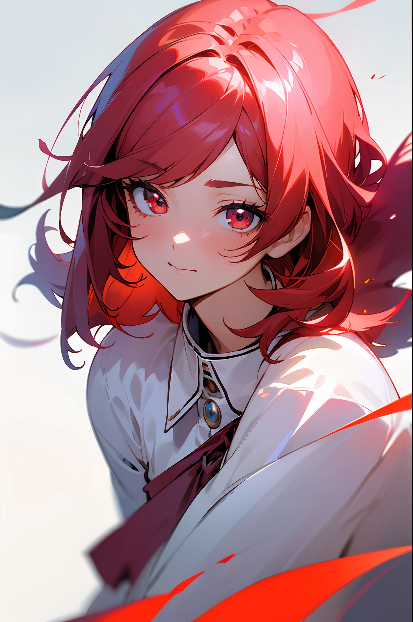 ((tmasterpiece)), (((beste-Qualit))), ((ultradetailed)), ((illustartion)), The light effect of realism, Smooth shadows, (fantasy style), (whitebackground:1.6), Simple background, illustartion, 1 girl, Cute look, beatiful face, A kind look, Embarrassed look, Vermilion hair, (Short Hair Hair), shaggy hair, hair color: Red, without bangs, voluminous hair, (hairstyle: Short Four of a Kind), Neck-length hair, The eyes are red, red eyes, Red shades, ruby, Environment change scene, (The hair is surrounded by the bursts of the galaxy), wide eyes, Lashes, little smile, Joy and Embarrassment, Crystal hair, Glowing Hair, shirt with collar, Shirt in sleeves with lanterns, Additional lighting, ((white shirt)), blushful, Beautiful and harmonious scene, Exquisite animation, Rich Details, hiquality, Четкость 4K, 4K Art Wallpaper, Stunning Anime Landscape, 8K Artistic Wallpaper