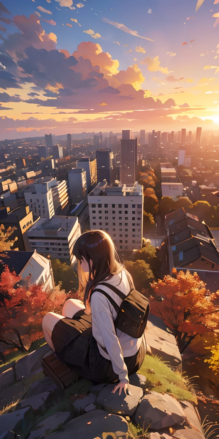 realisticlying、View from the top of a small hill in the city、Beautiful autumn leaves、Depth enhancement、The sunset is beautiful、There are big clouds、There is a large building