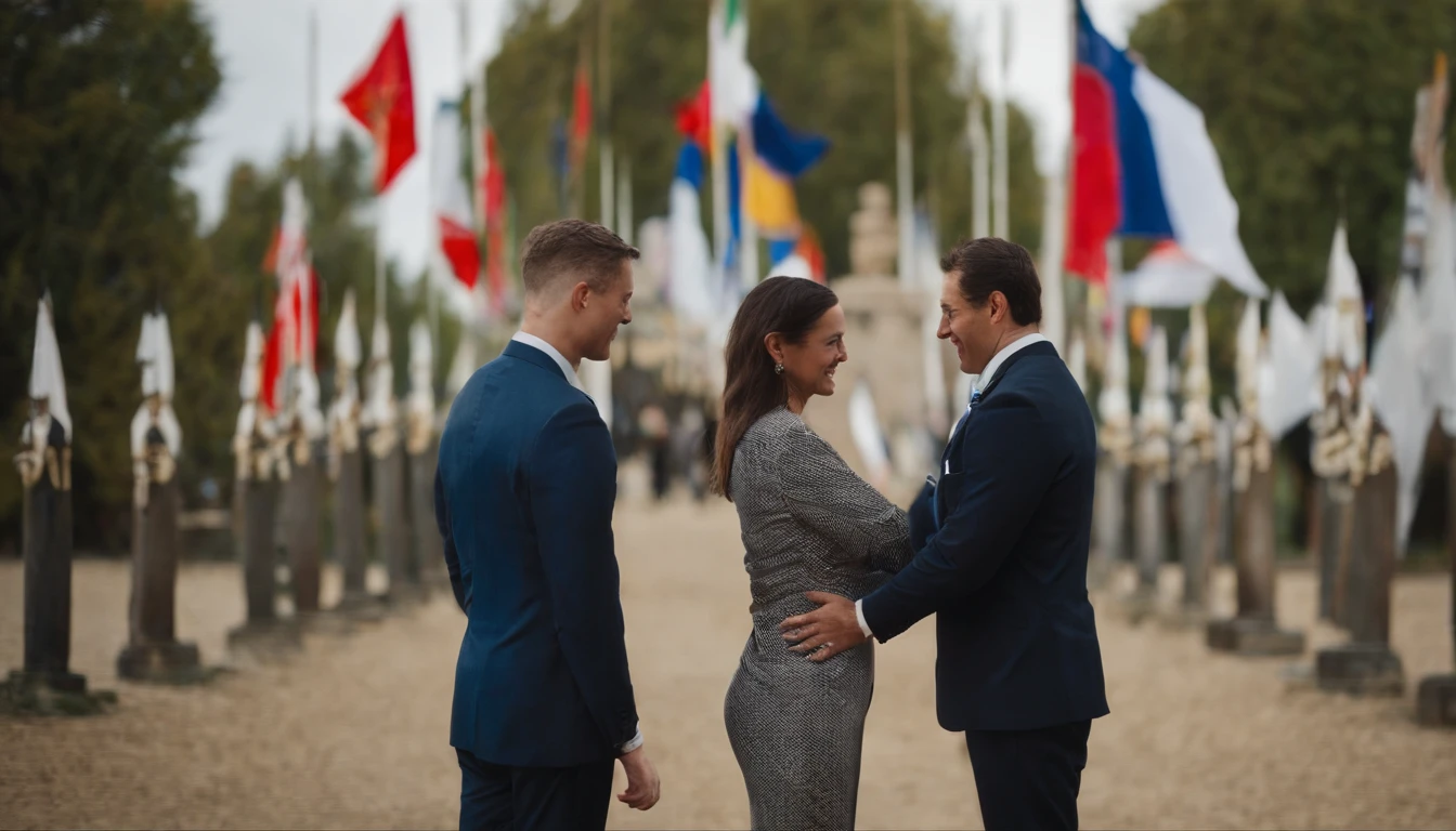 A man and a woman shake hands in front of a pile of flags, marketing photo, photo shot, wide portrait, reaching out each other, professional cooperate, Asian people, politik, Beginner, A high resolution