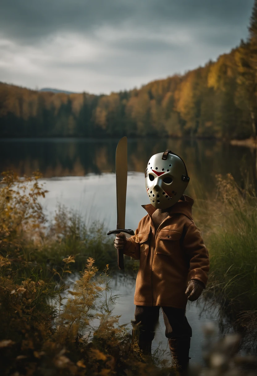 Jason Voorhees als kleiner freundlicher Junge im Pixar Stil mit einer Machete die in seinem Kopf steckt, stands by a lake in the woods and holds a sign that says "Good luck and best wishes" best quality, (Meisterwerk:1.35), Tapete, (Illustration), Original, (Depth of field), (1girls:1.35), (nur), full entire body, dynamisch, detailliertes Gesicht,reifes Weibchen, Erwachsene, (alt:1.3), mid large breasts, belustigt, happy,Miko-Kleidung, Blumen-Besatz,absurd lange Haare, schwarzes Haar,Eselsohren volumetrische Beleuchtung, Herbstlaub, Tyndall-Effekt,