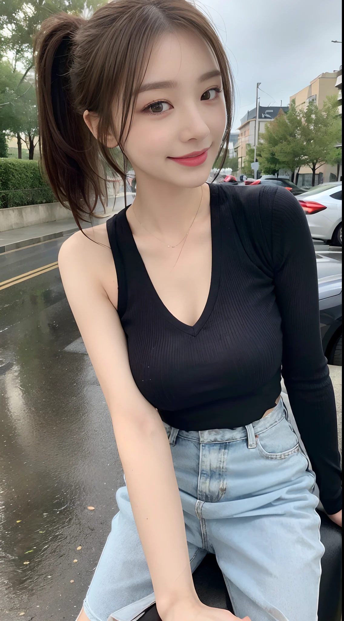 ((Best Quality, 8k, Masterpiece:1.3)), Focus: 1.2, Perfect Body Beauty: 1.4, Buttocks: 1.2, ((High Ponytail, Collarbone: 1.2)), (Short Skirt: 1.1) , (Rain, Street:1.3), Highly detailed face and skin texture, Fine eyes, Double eyelids, Whitened skin, Long hair, (Shut up: 1.3), Smile, Long legs, Full body, Best proportions of four fingers and one thumb, Smiley face, Face texture: 1.3, Sunshine, Summer, collarbone, beautiful eyes, real face, real skin, realistic face, realistic skin, detailed eyes, detailed facial features, detailed clothing features, detailed face, tight fit, POS random, clothes random: 1.1