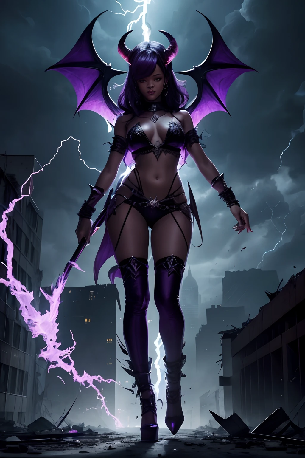Rihanna as a hyper-giant, Hyper-powerful demon with two demon horns on his head and demon wings, Purple lightning fire on a building and shatters buildings , ville en ruine post apocalyptique,