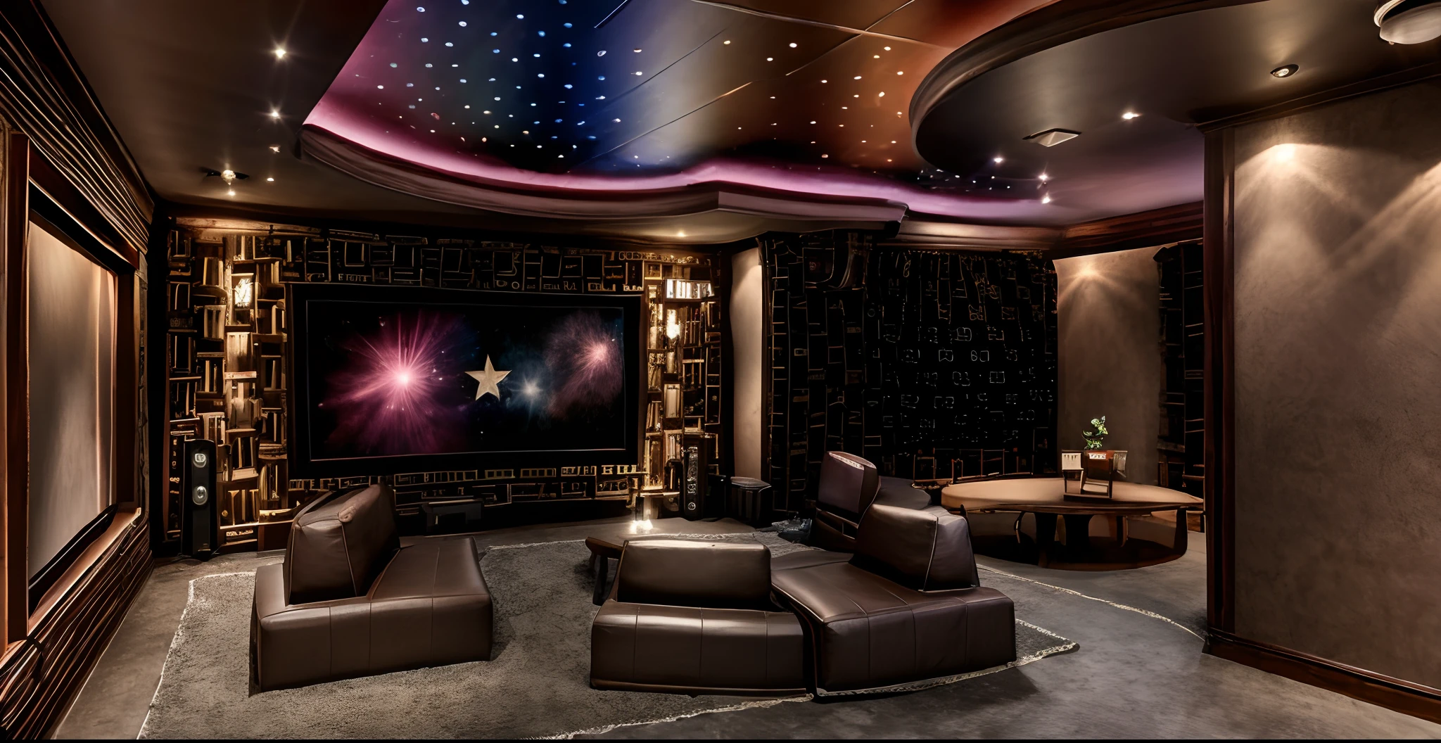 cinema room with star ceiling, using artnova sofa, dark lighting with warm, entertainment , karaoke, wooden soundless patition, ceiling light up