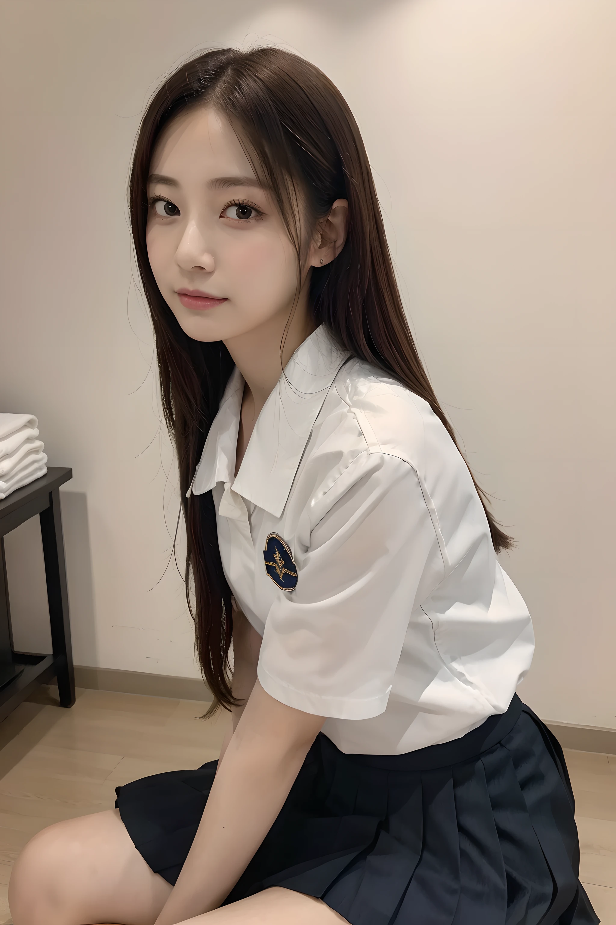 1girl, solo, cowboy shot, low angle, wearing a Japanese school sailor uniform, sailor collar shirt unit, pleats skirt, at esthetic salon, hyper sharp image, ultra detailed, best quality, masterpiece, looking at you, arms down, front view,