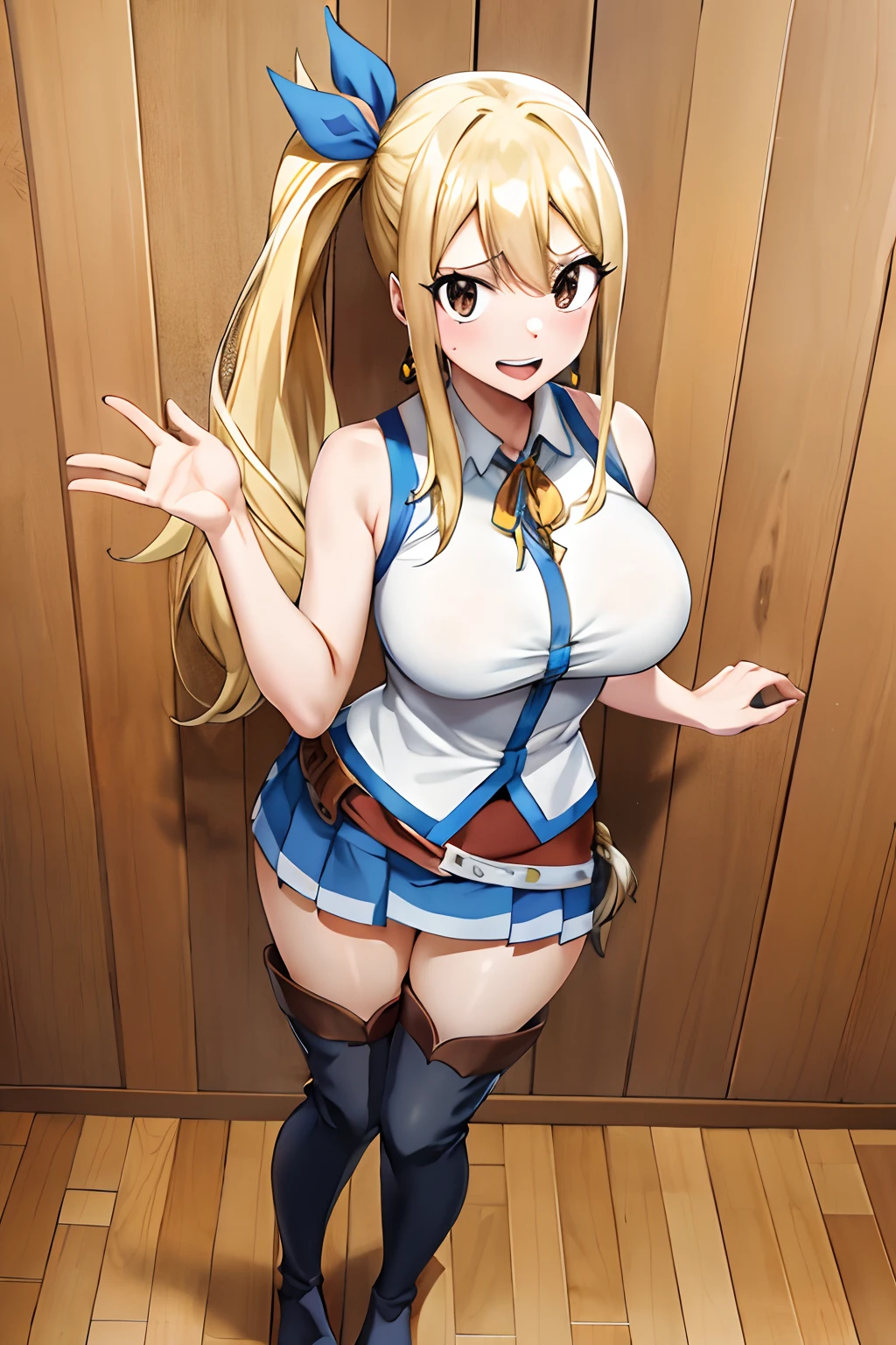 lucy heartfilia,blonde,long hair,side ponytail,blue ribbon,large breasts,earrings,brown thigh boots,blue,sleeveless shirt,white skirt,looking at viewer,thin legs,full body, (best quality,4k,8k,highres,masterpiece:1.2),ultra-detailed,realistic:1.37,portraits,vivid colors,studio lighting, mahima hiro, fairy tail, laugh at, thin body