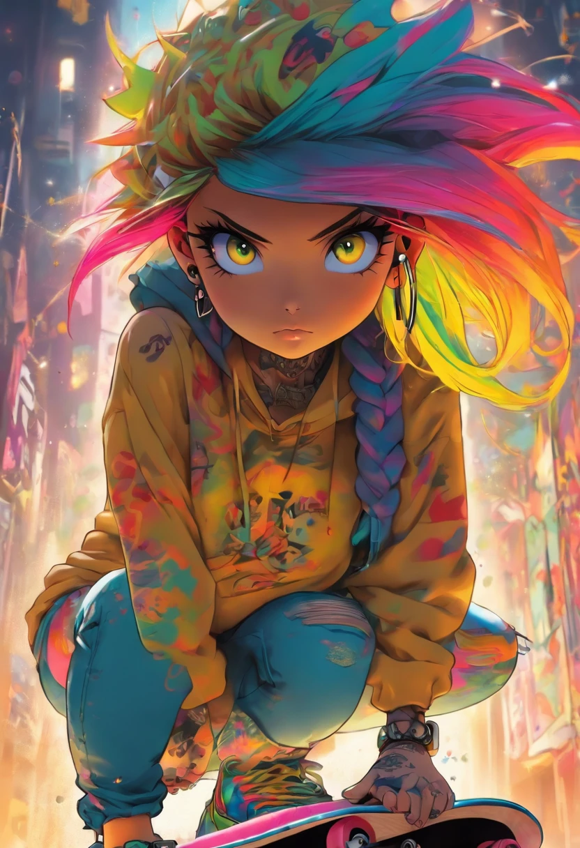 The most beautiful and sexy skateboard girl, rainbow colored hair, yellow eyes, wearing hoodie, graphic t-shirt, torn skinny jeans and highly detailed skateboard gear, tons of tattoos and piercings, highly detailed background, perfect masterpiece, high quality, high resolution