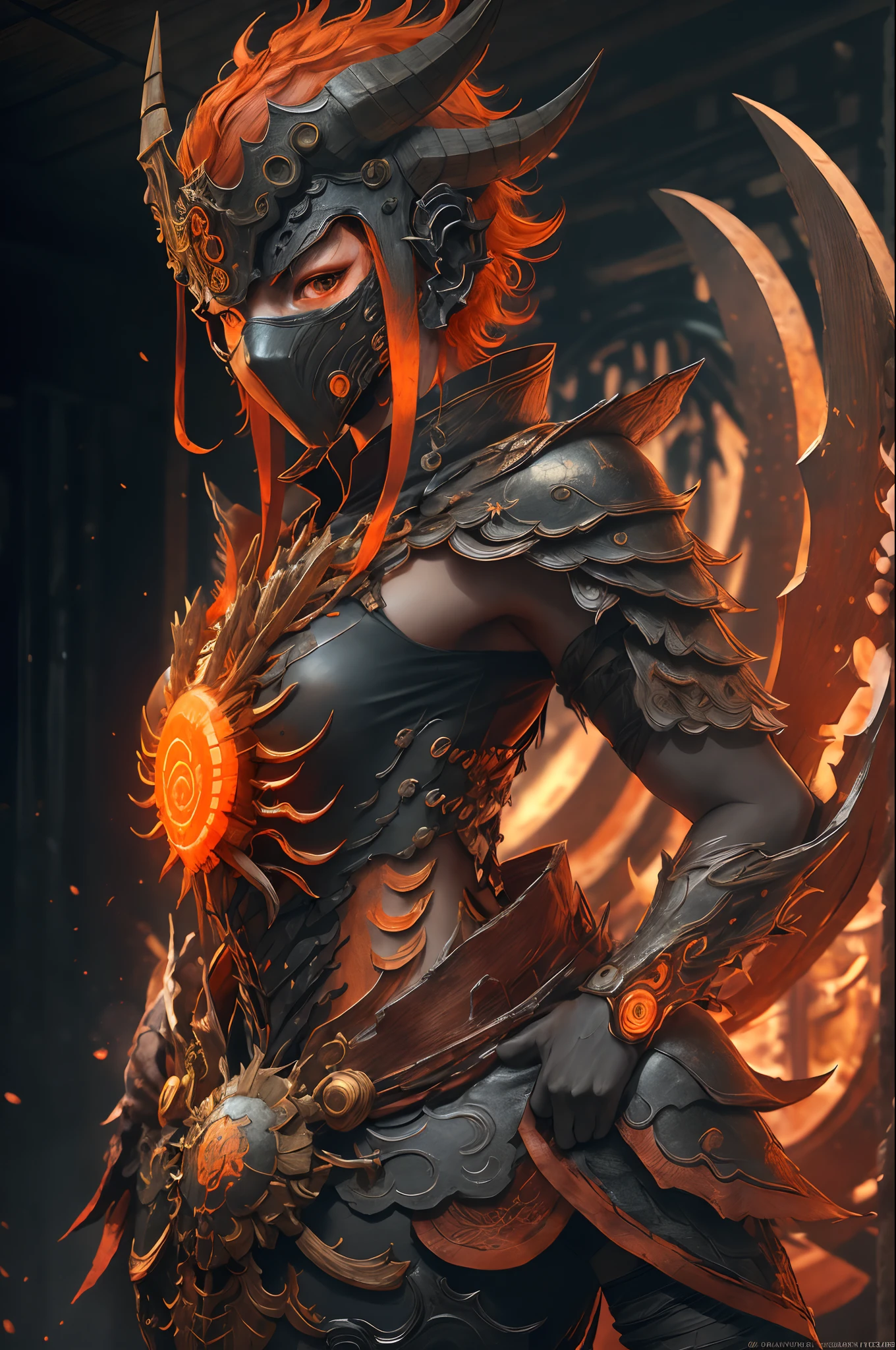 sh4g0d,
Shaman Girl, Wearing a mask made of wood, Portrait, Standing in an S-shape, Orange curls,
