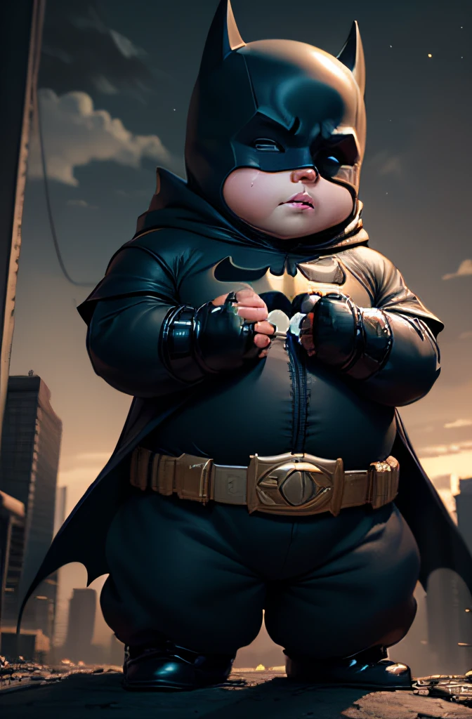 Batman baby in a batman costume standing in front of a city at night SeaArt AI