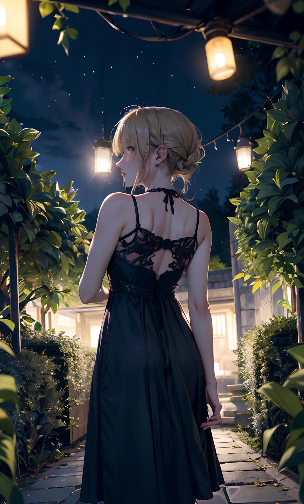 1girl,mid night, starrysky, Colored lighting,garden, (Blonde hair),(amaryllis:1.3),Black cocktail dress, lanthanum, Trimmed bushes, (solofocus, depth of fields, ambient lighting), atmosphere, Light flare, intricate detailes, enhanced lighting