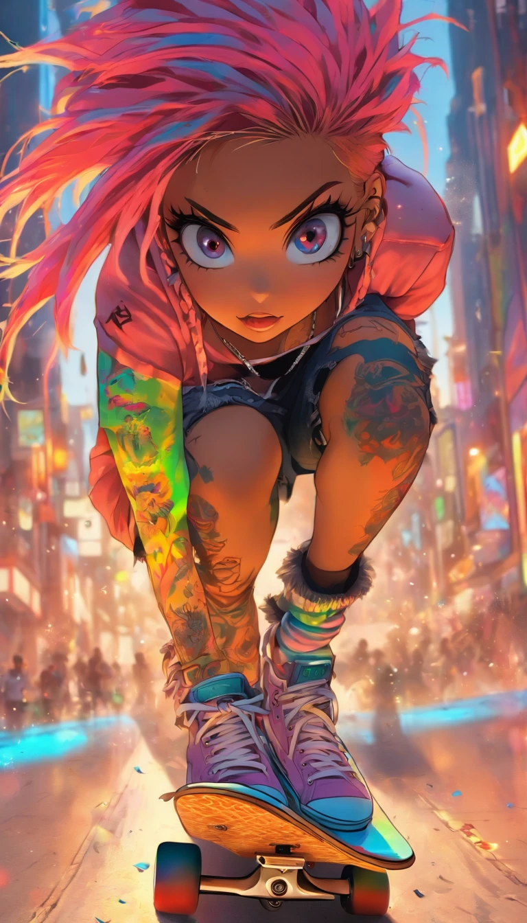 The most beautiful and sexy skateboard girl, rainbow colored hair, yellow eyes, wearing hoodie, graphic t-shirt, torn skinny jeans and highly detailed skateboard gear, tons of tattoos and piercings, highly detailed background, perfect masterpiece, high quality, high resolution