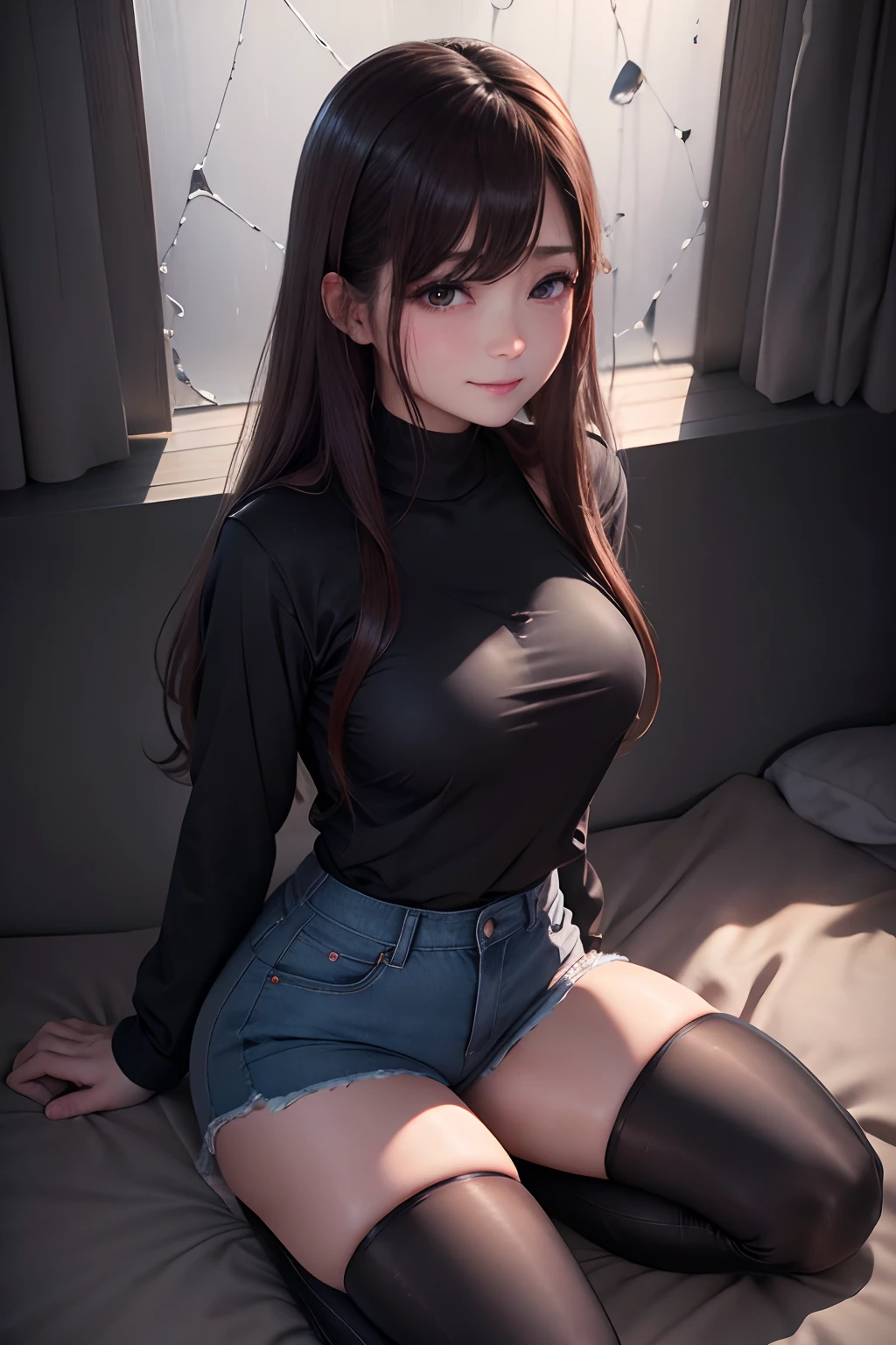 Long sleeve trainer、Loose baggy trainer、Long Trainer、A slight smil、Transcendent beauty、Dark Gothic Makeup、Sweat glistens on my face、Heavy sweat on my thighs glows、The whole body is shiny with sweat.、Long hair straight hair、Brown hair、Transcendent cute face、Sit up、a bed、sprawl、Dark black knee-high socks、Dark Black Thigh Socks、Dark blush、masutepiece、8K、dark black eye shadow、24 year old、wretched、Super Large Long-Length Trainer、Gothic Room Space、Sticky shiny thighs.、Do not push、Sweat a lot all over your body、chies、Too large tops、Sweat shining profusely on the thighs、A smile、Smile、Underwear black、Transcendent Denim Short、Denim length super short、Mini Hot Pants、Tight denim、Slender system、look down from above、Stained glass background、