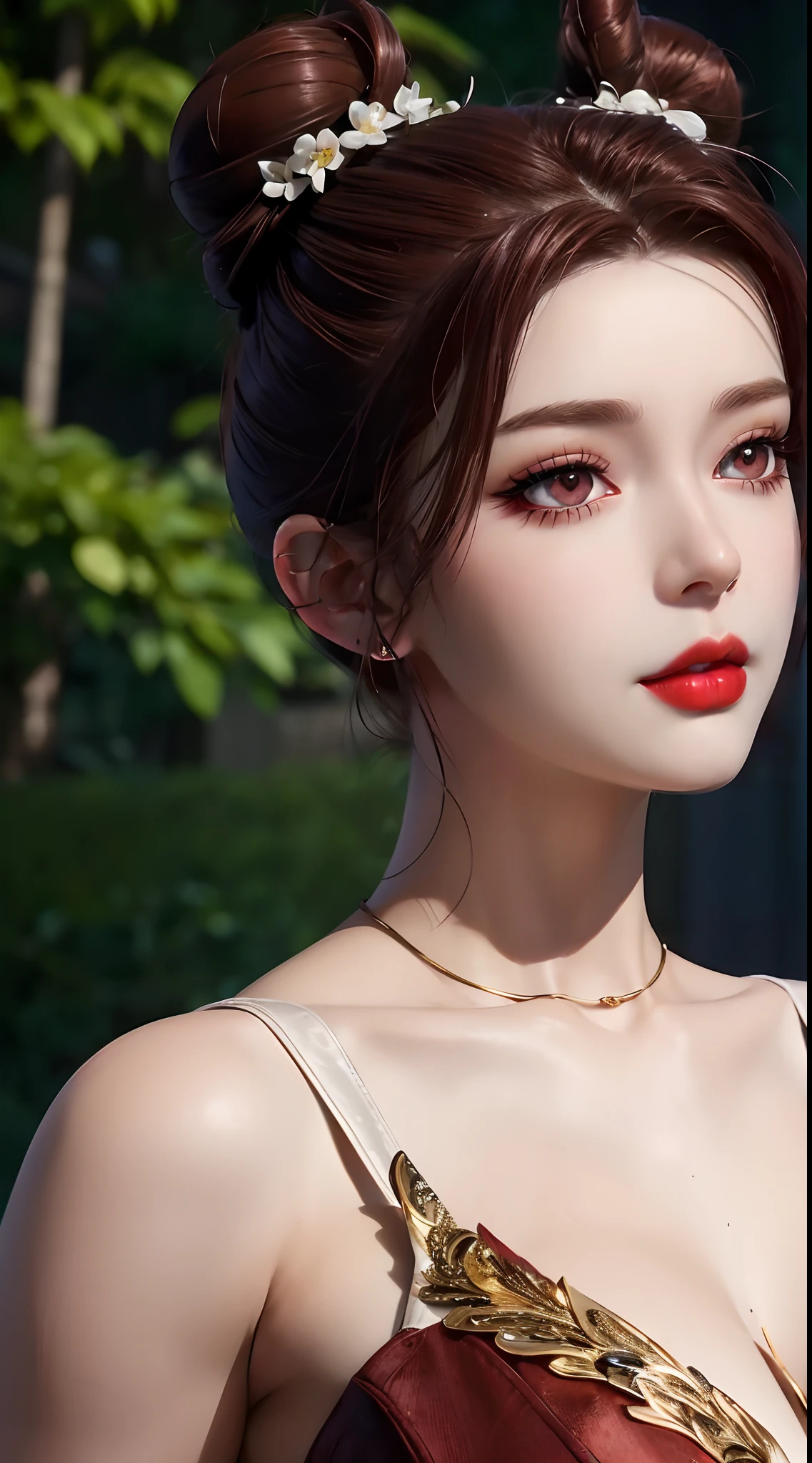 1 beautiful and sexy 20 year old girl,((Red brown hair:1.6)), ((hair bun on both sides:1.6))(hyperrealistic) , (illustration), (increase resolution), (8K), (extremely detailed), (best illustration), (beautiful detailed eyes), (best quality), (super detailed), (masterpiece), ( wallpaper), (detailed face), solo, a pretty girl in white off-the-shoulder wedding dress, garden background, movie lighting effects, backlight, light smile, blue eyes, fluttering short hair, flower headdress, looking at the audience, exquisite details, detailed face, in the dark, deep shadow, understated, pureerosfaceace_v1, smile, long hair, 46 points slanted bangs
