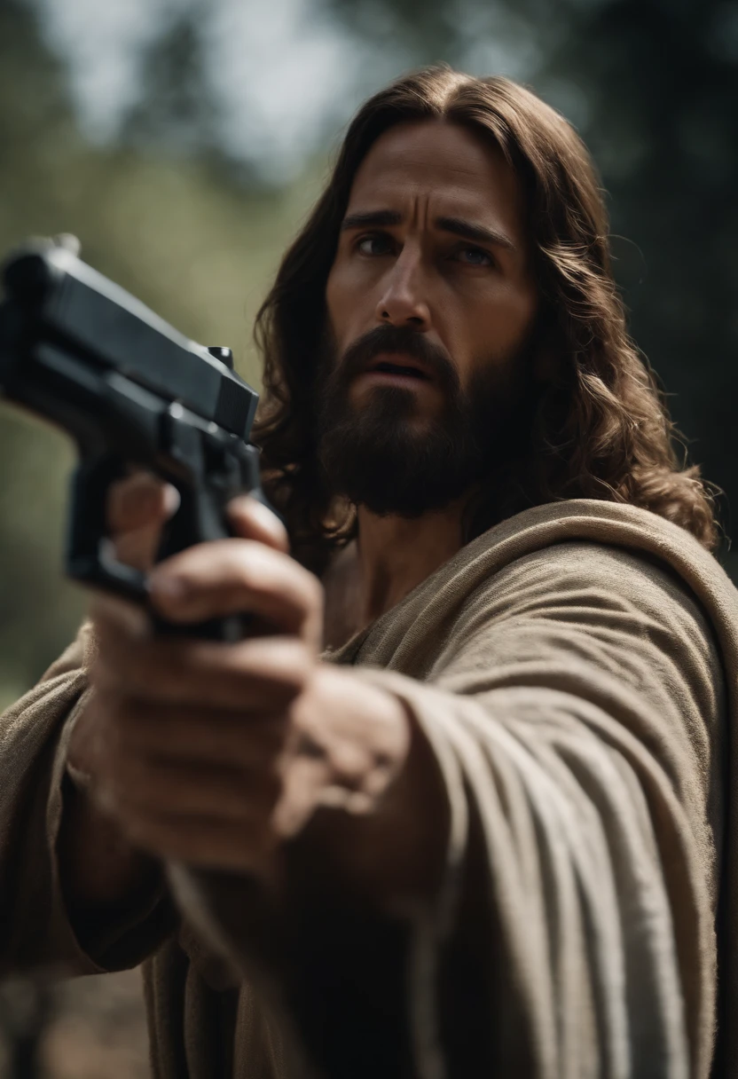 Jesus pointed a gun at someone with a gun in his hand