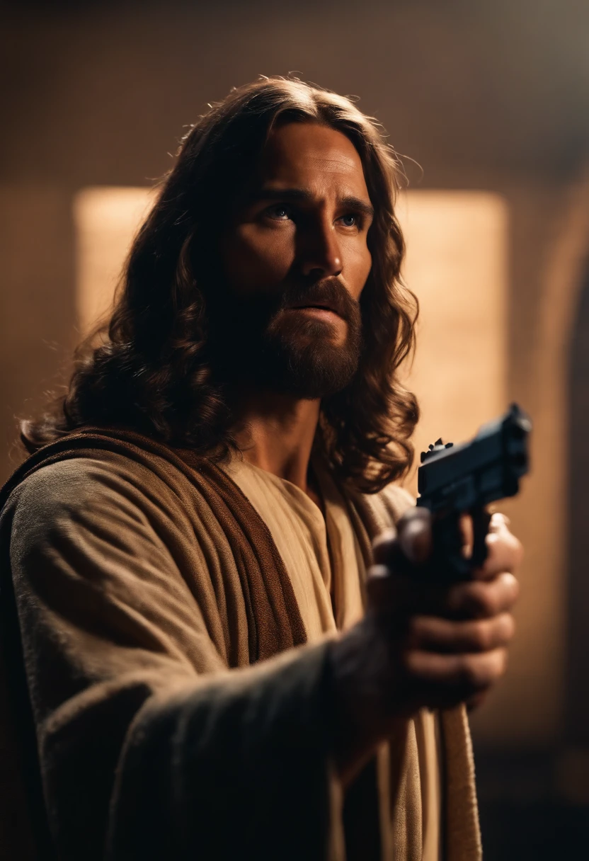 Jesus pointed a gun at someone with a gun in his hand