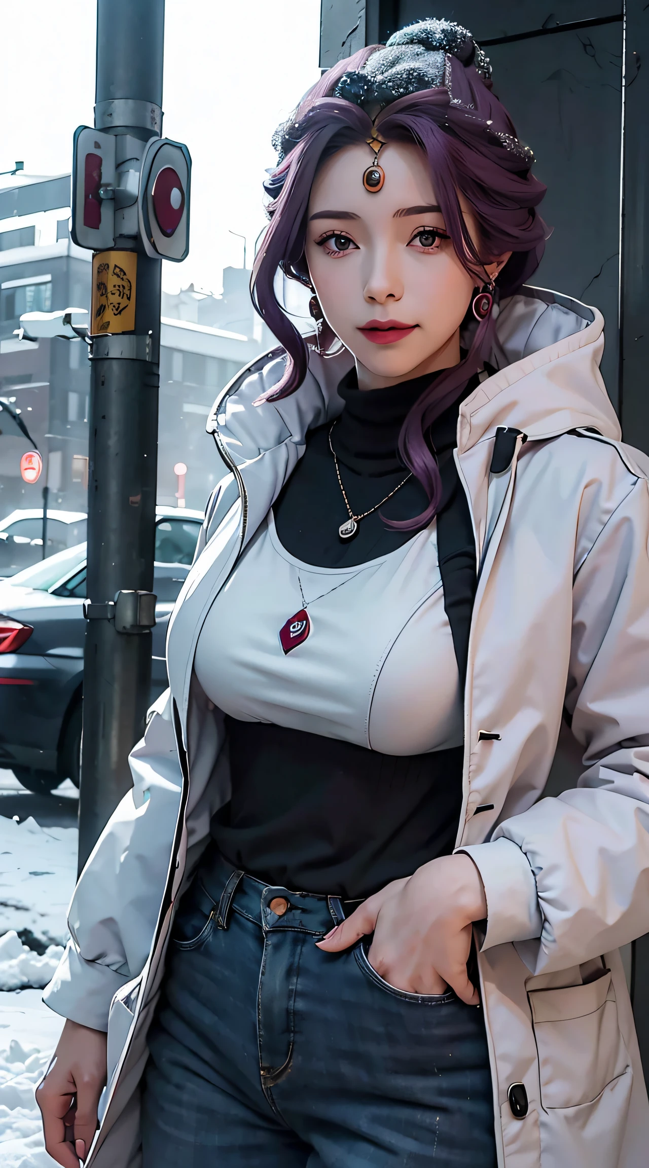 Mirellia_Q_Melromarc, perfect_breasts, purple_hair, purple_eyes, jewelry, earrings, perfect body, perfect breasts, wearing a beanie, wearing a winter jacket, wearing a duffle coat, carrying a bag, wearing a watch, wearing earrings, in public, creatures in tokyo city, being on the street, snow on the street, it's snowing, looking at the viewer, a slight smile, realism, masterpiece, textured skin, super detail, high detail, high quality, best quality, 1080p, 16k