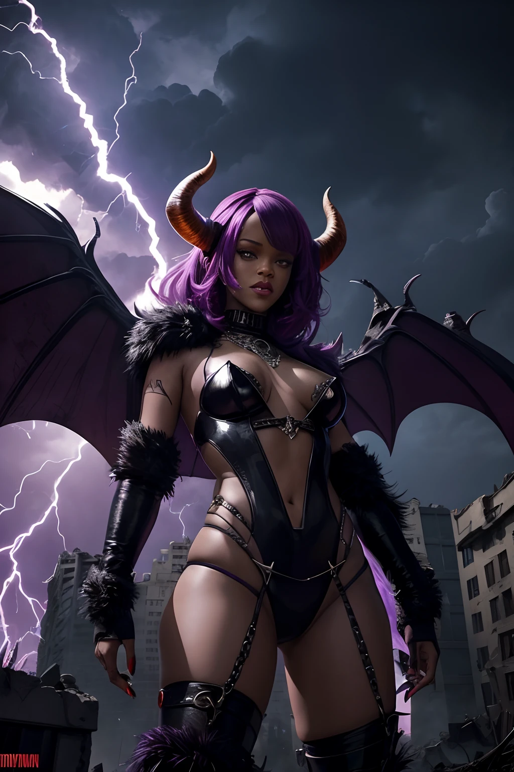 Rihanna as a hyper-giant, Hyper-powerful demon with two demon horns on his head and demon wings, Purple lightning fire on a building and shatters buildings , ville en ruine post apocalyptique,