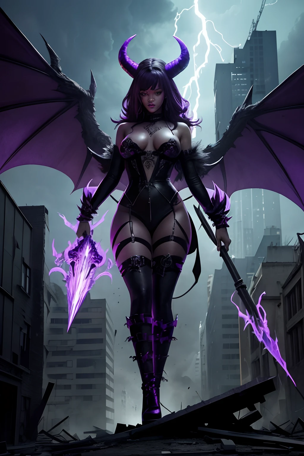 Rihanna as a hyper-giant, Hyper-powerful demon with two demon horns on his head and demon wings, Purple lightning fire on a building and shatters buildings , ville en ruine post apocalyptique,