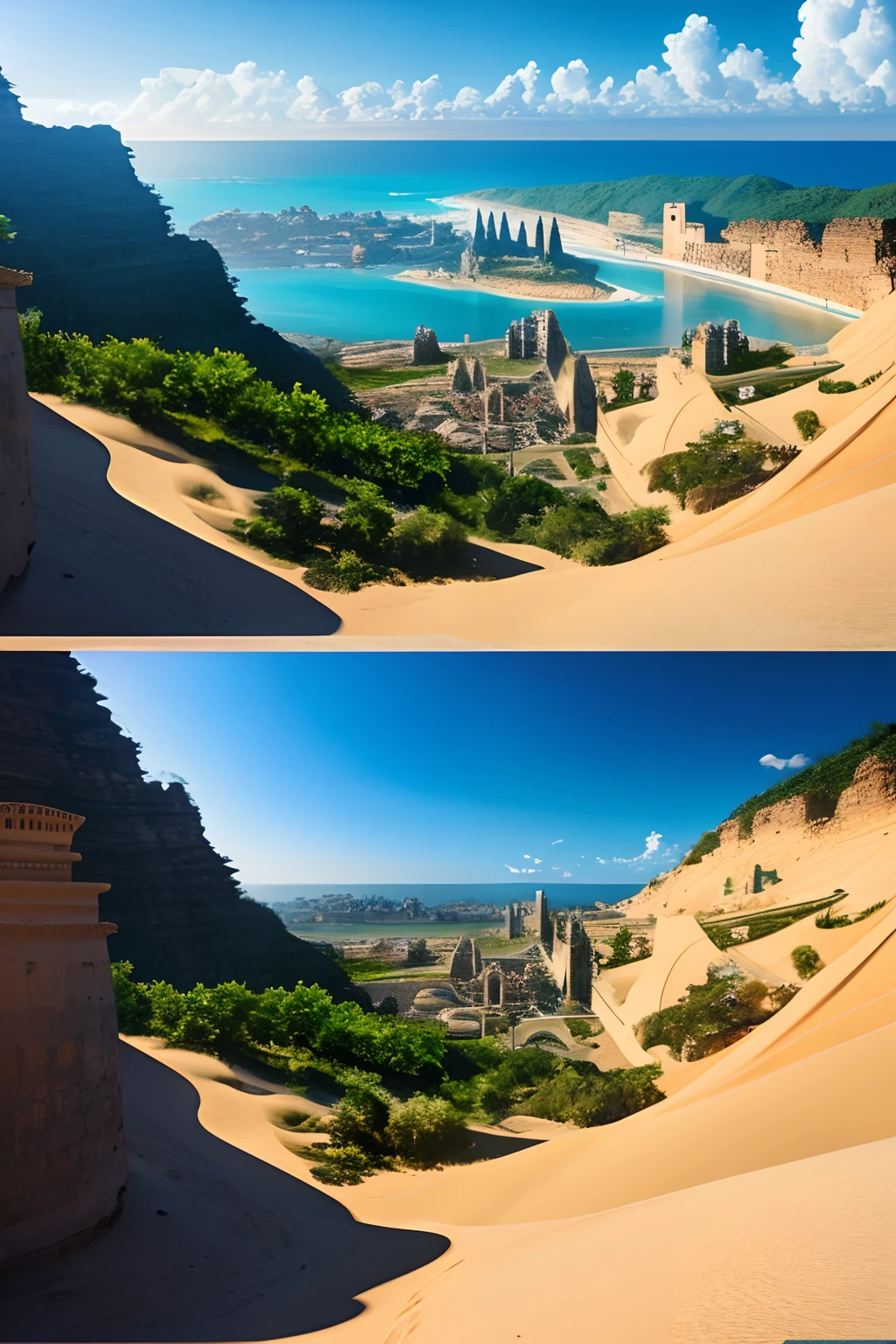 Imagine showing the ancient city hidden by shifting dunes, and then Burckhardt's discovery of the lost city, revealing the intricate detail of its architecture, Cinematic, epic, realistic, 8k high definition.