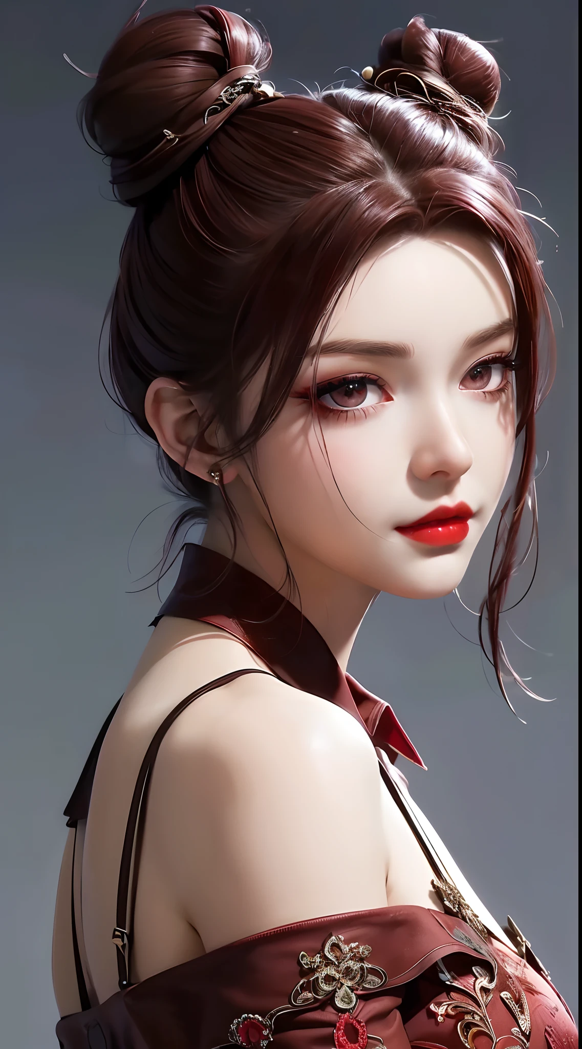 1 beautiful and sexy 20 year old girl,((Red brown hair:1.6)), ((hair bun on both sides:1.6))(hyperrealistic) , (illustration), (increase resolution), (8K), (extremely detailed), (best illustration), (beautiful detailed eyes), (best quality), (super detailed), (masterpiece), ( wallpaper), (detailed face), solo, a pretty girl in white off-the-shoulder wedding dress, garden background, movie lighting effects, backlight, light smile, blue eyes, fluttering short hair, flower headdress, looking at the audience, exquisite details, detailed face, in the dark, deep shadow, understated, pureerosfaceace_v1, smile, long hair, 46 points slanted bangs, full body