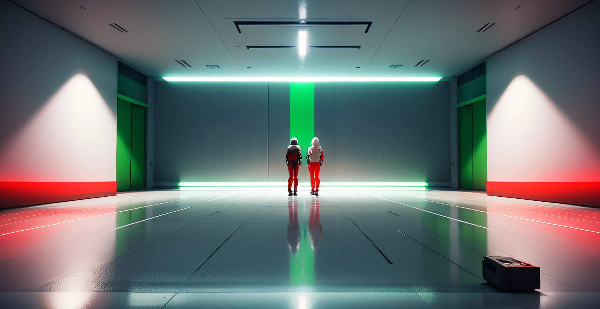 There are no figurative walls，Abstract pure white minimalist space，A room full of technology，There were 150 people standing，There is a square at each person's feet，Flashing red and green lights，Top-down view，Several spotlights on the walls illuminate the environment，and its meticulous precision，Virtual Engine，Movie lighting，