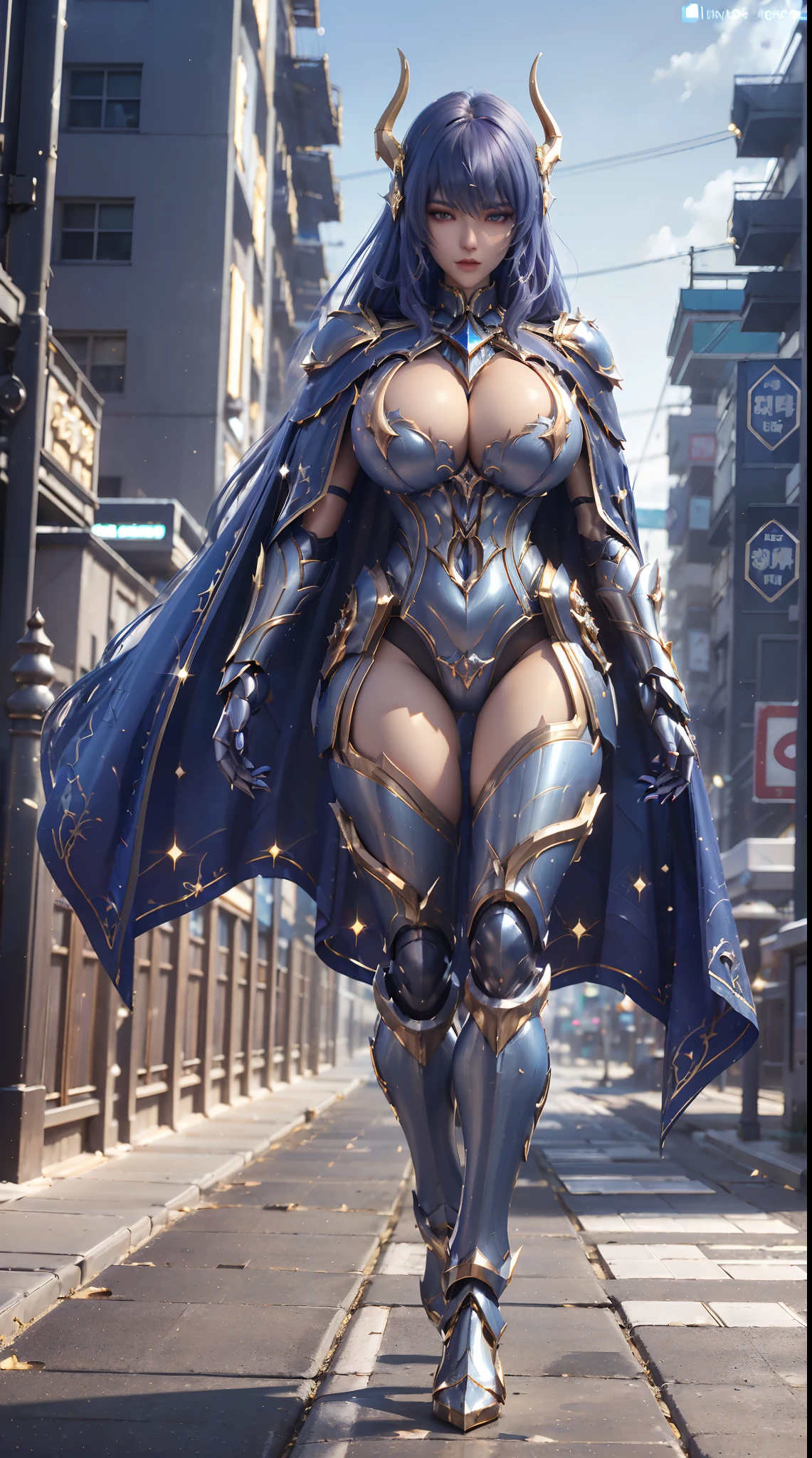 1GIRL, SOLO, (dark-blue hair, hair gold ornament), (HUGE FAKE BOOBS:1.3), (white, dark-blue, gold, FUTURISTIC DRAGON MECHA ARMOR SUIT, ROYAL CAPE, CLEAVAGE:1.5), (SKINTIGHT YOGA PANTS, HIGH HEELS:1.2), (NSFW GLAMOROUS BODY, SEXY LONG LEGS, FULL BODY:1.3), (FROM FRONT, LOOKING AT VIEWER:1), (WALKING DOWN ON STREET NIGHT CITY:1.3), PHYSICALLY-BASED RENDERING, ULTRA HIGHT DEFINITION, 8K, 1080P.