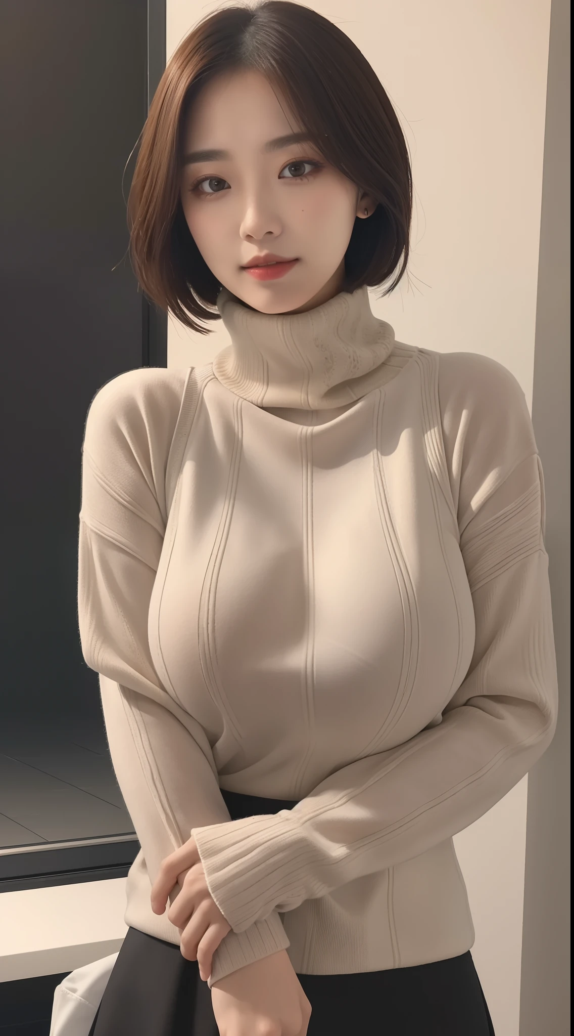 a K-pop idol wearing a turtle neck sweater,
(((masterpiece))), ((best quality)), ((intricate detailed)), ((Hyperrealistic)), absurd res, milf, mature woman, perspective, highly detailed, illustration, 1girl, ((large breasts)), perfect hands, detailed fingers, beautiful detailed eyes, short hair, brown eyes,(turtle neck:1.2), tight skirt, detailed background, choker, perfect eyes, seductive eyes, looking at the viewer, from front