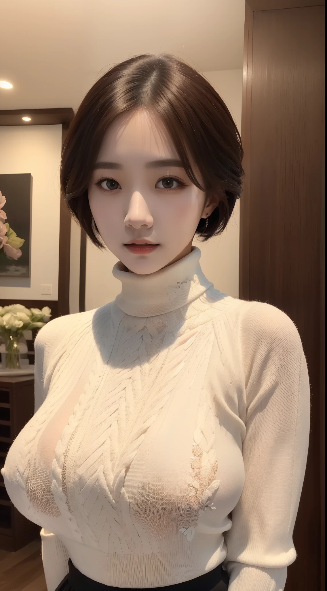 a K-pop idol wearing a turtle neck sweater,
(((masterpiece))), ((best quality)), ((intricate detailed)), ((Hyperrealistic)), absurd res, milf, mature woman, perspective, highly detailed, illustration, 1girl, ((large breasts)), perfect hands, detailed fingers, beautiful detailed eyes, short hair, brown eyes,(turtle neck:1.2), tight skirt, detailed background, choker, perfect eyes, seductive eyes, looking at the viewer, from front