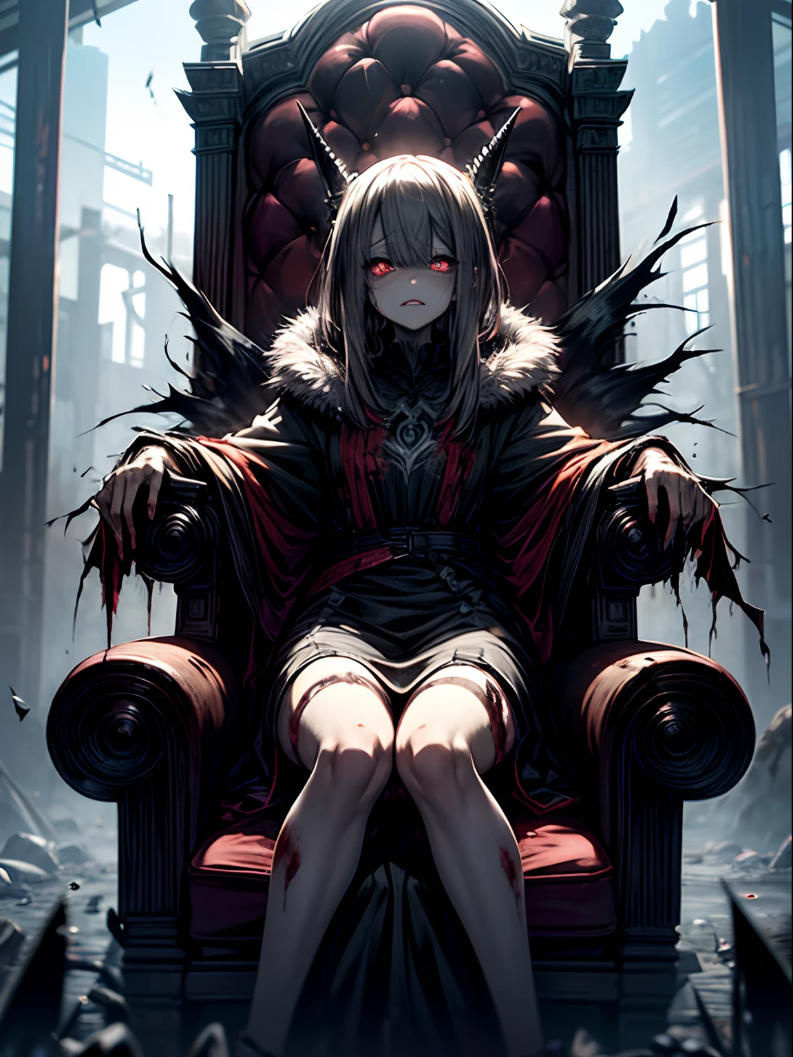 Ahegao、A dark-haired、blunt bangs、sitting in a throne、Black Dress、Very fellow humanoid characters, red eyes, She's crazy, nutty, horor, is scared, is scared, Shock value, Very diabolical, evocation, terrorism, terrorism, terrorism, rot, feeling of disgust, She is a psychopath, murky, extremely pale, paler, matted,, seem, terrifying, disease, Background ruins, gore, Bloody_mano, Yui, full body Esbian, (Messy_long_murky_Haar), Bosseler, evil eyes, Bright eye, psychopath, Leaning back on the sofa, cross one's legs