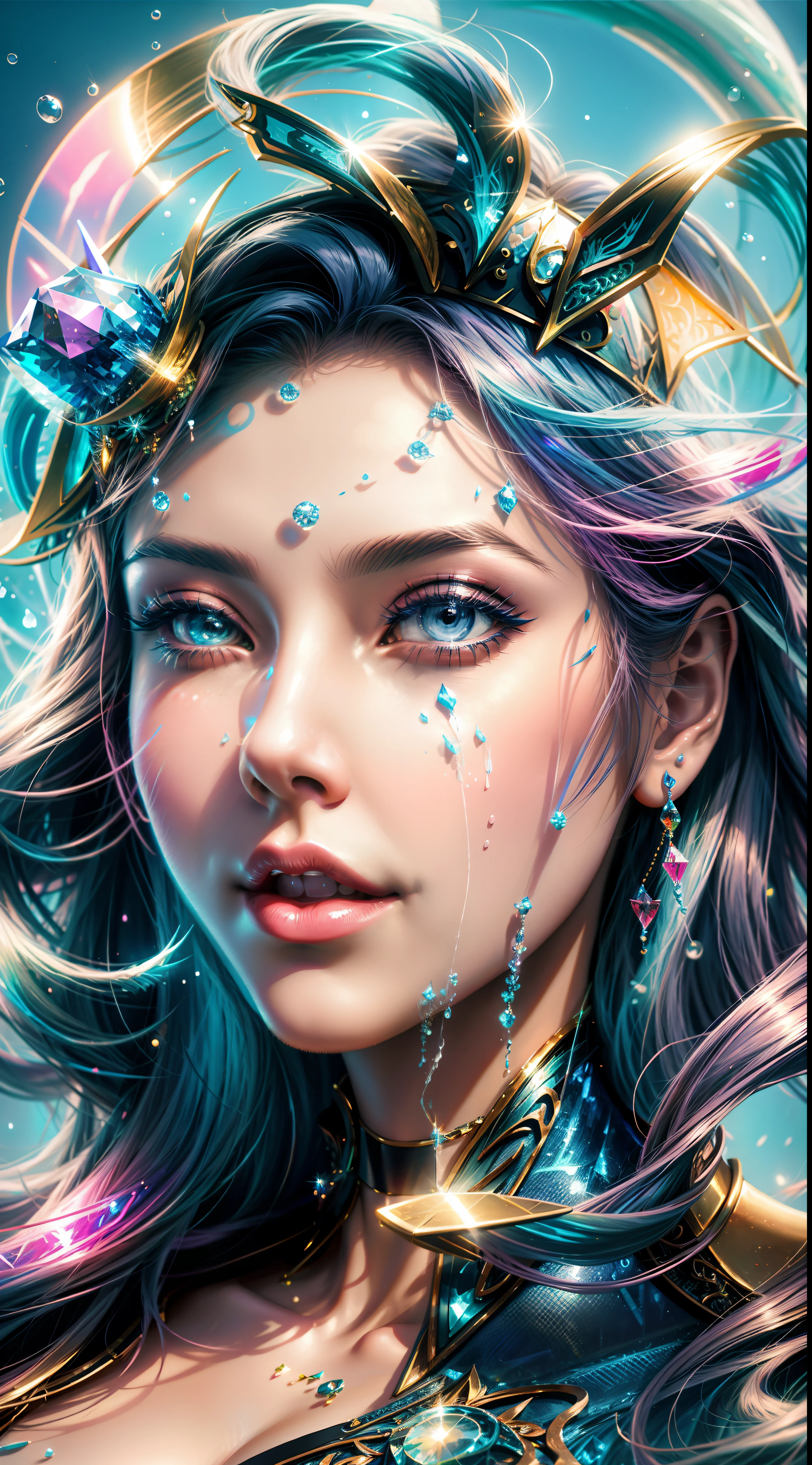 A woman with colorful hair and a blue dress is looking at the camera, lindo arte digital, closeup fantasy with water magic, bela arte digital, arte de fantasia digital colorida, Arte digital realista 4K, Arte digital realista 4K, estilo de fantasia vibrante, stunning digital illustration, bela arte digital, arte digital impressionante, rossdraw desenho animado vibrante, estilo de arte de fantasia, Arte digital alucinante