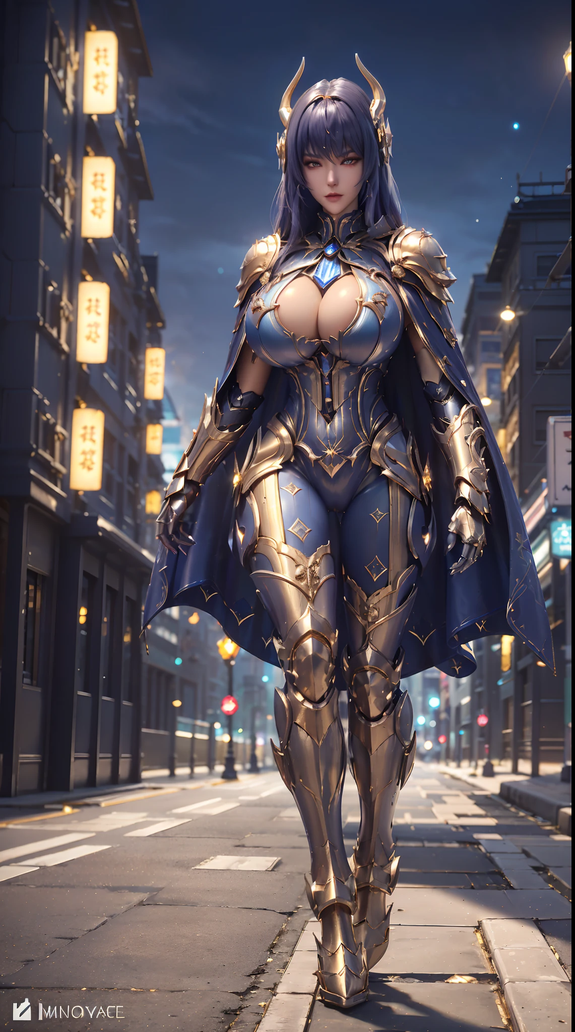 1GIRL, SOLO, (dark-blue hair, hair gold ornament), (HUGE FAKE BOOBS:1.3), (white, dark-blue, gold, FUTURISTIC DRAGON MECHA ARMOR SUIT, ROYAL CAPE, CLEAVAGE:1.5), (SKINTIGHT YOGA PANTS, HIGH HEELS:1.2), (NSFW GLAMOROUS BODY, SEXY LONG LEGS, FULL BODY:1.3), (FROM FRONT, LOOKING AT VIEWER:1), (WALKING DOWN ON STREET NIGHT CITY:1.3), PHYSICALLY-BASED RENDERING, ULTRA HIGHT DEFINITION, 8K, 1080P.