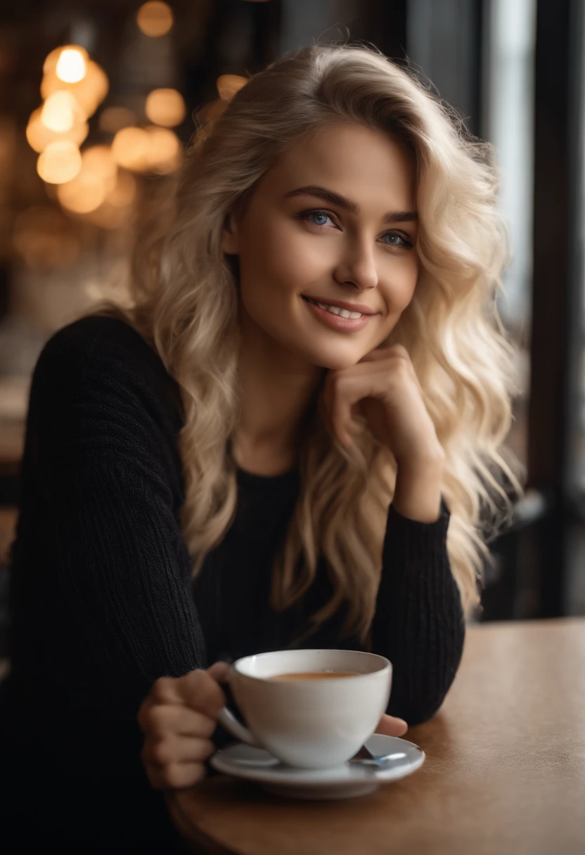 beautiful platinum blonde girl wearing black sweater (sipping coffee inside a modern café at sunset), very detailed, 21 years old, innocent face, natural wavy hair, blue eyes, high resolution, masterpiece, best quality, intricate details, highly detailed, sharp focus, detailed skin, realistic skin texture, texture, detailed eyes, professional, 4k, charming smile, shot on Canon, 85mm, shallow depth of field, kodak vision color, perfect fit body, extremely detailed, foto_\(ultra\), photorealistic, realistic, post-processing, maximum detail, roughness, real life, ultra realistic, photorealism, photography, 8k uhd, photography, uses my dataset as the face