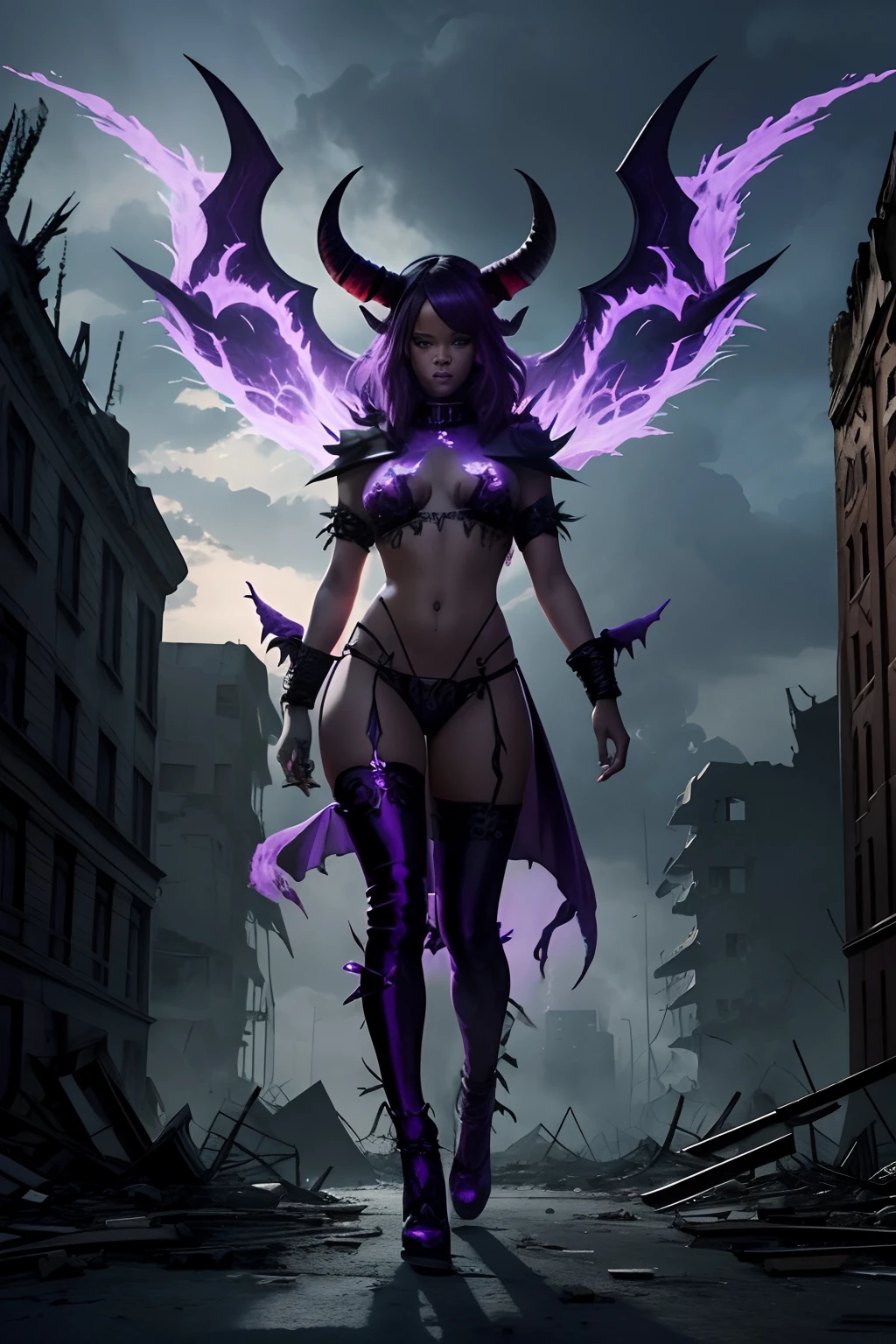Rihanna as a hyper-giant, Hyper-powerful demon with two demon horns on his head and demon wings, Purple lightning fire on a building and shatters buildings , ville en ruine post apocalyptique,