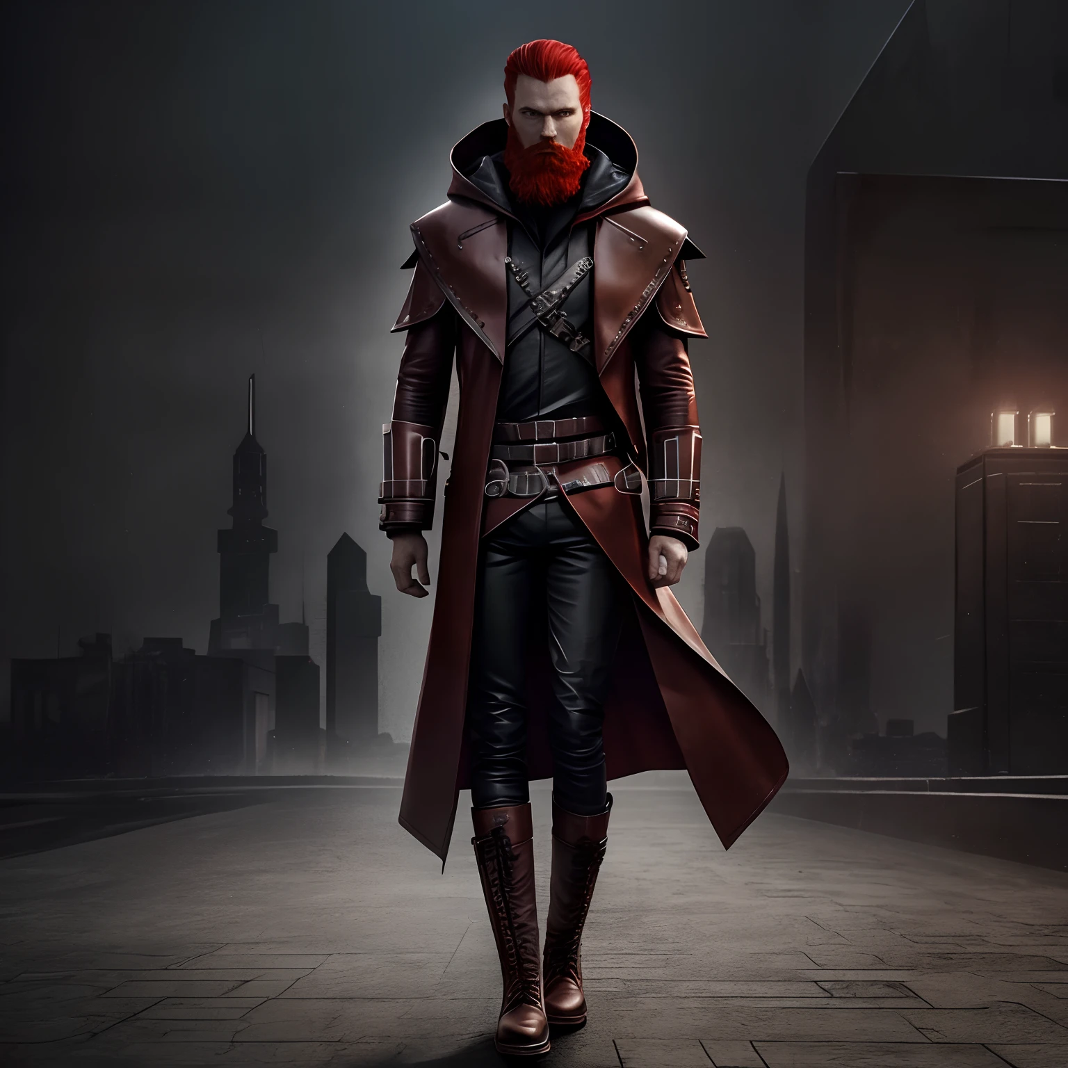 Model DreamShaper , Brutal man with red hair and beard ((solo)), Dressed in a gothic leather coat below the knees with a bronze-colored hood , It stands in full height against the background of the night city , His boots are visible , Front light, Extra fingers, (normal quality:2)
