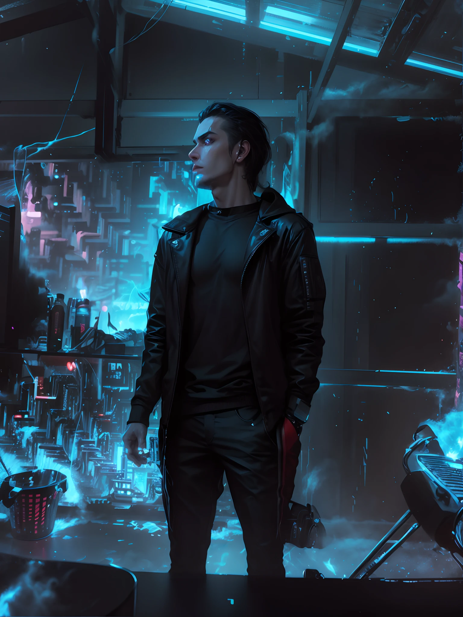 Change background cyberpunk, handsome boy, realistic face,8k, ultra, realistic light and smoke,