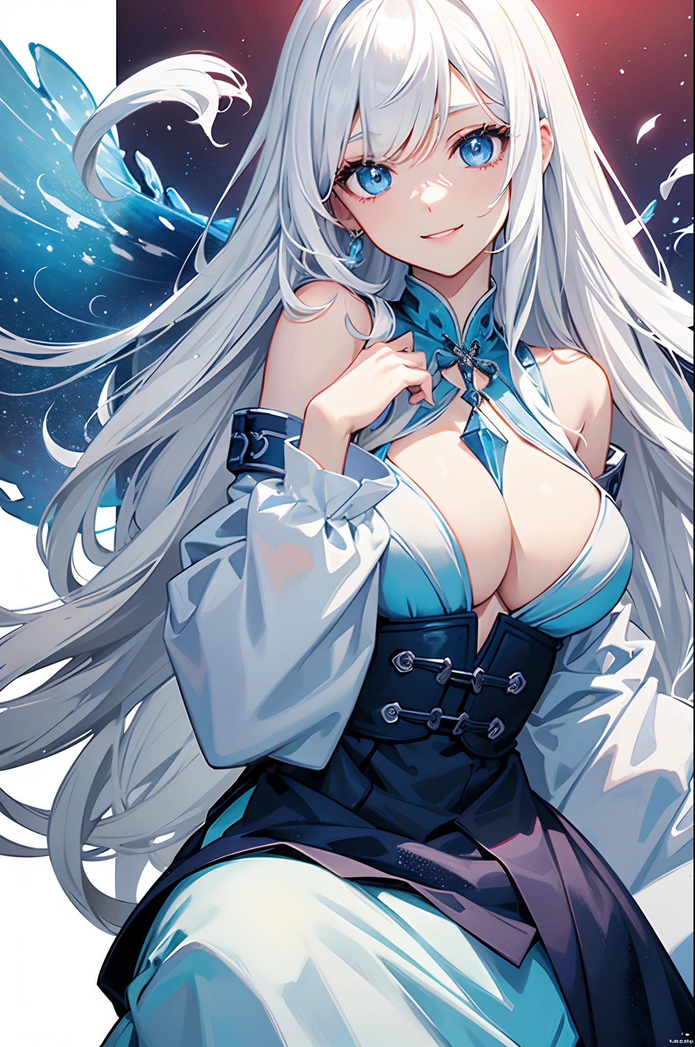 Cover magazine, anime, woman, solo, long hair, white hair, blue eyes, actress, model, beautiful, fantasy, ice, smile