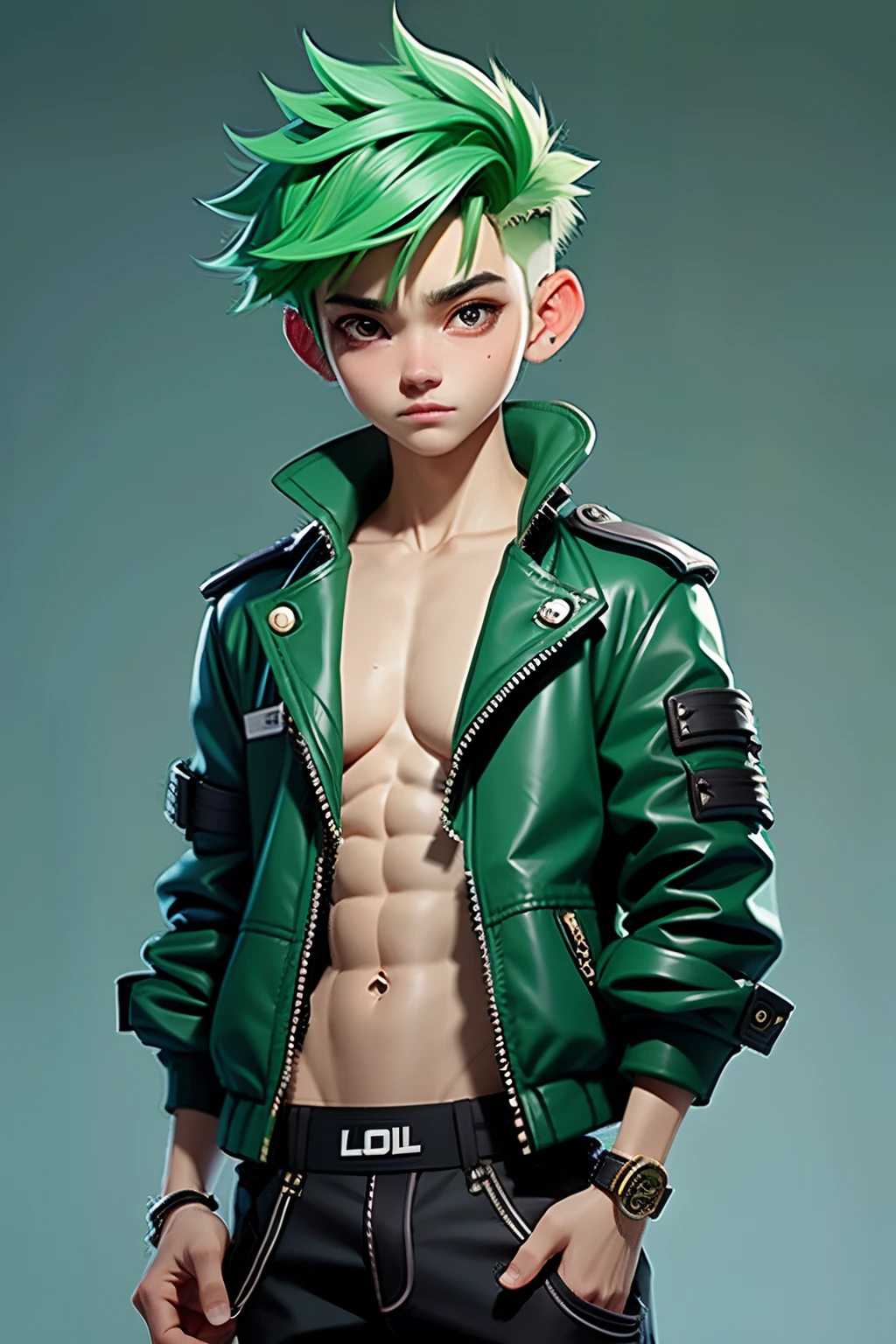 Lolli model Kpop 16yr old men, chill dude Zoro vibe, green fade cut hair, black jock jacket