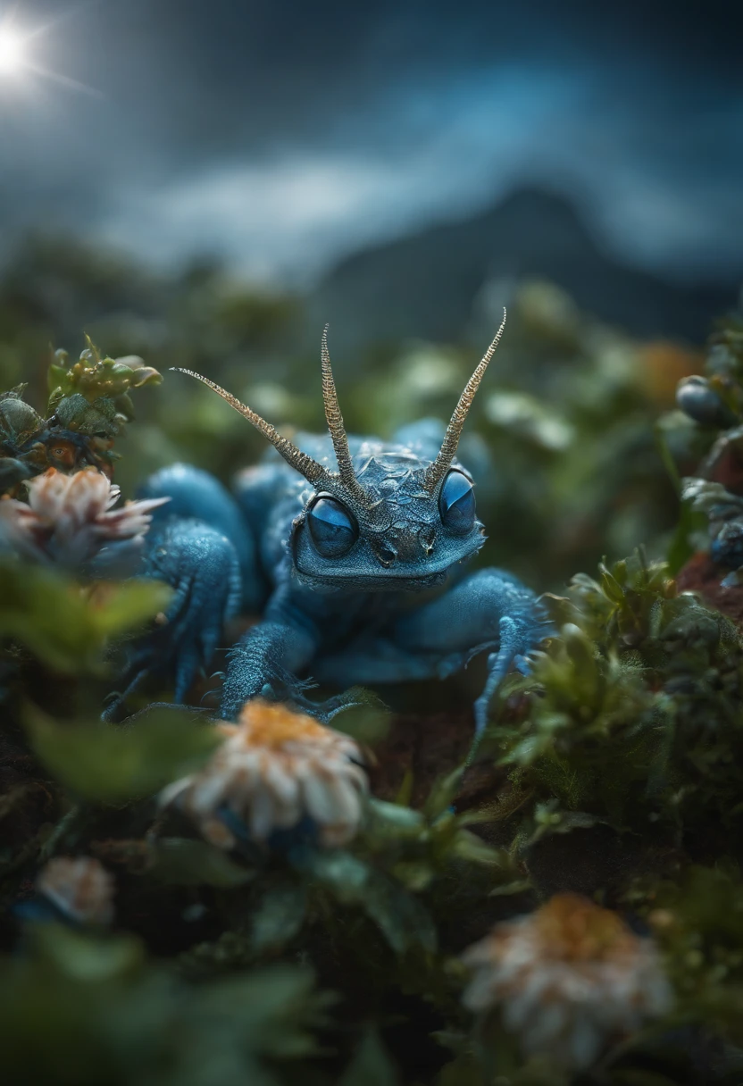 Cute creatures from space. terraforming. Blue skin，alien flora, Miki Asai Macro photography, Close-up, ultra - detailed, trending on artstationh, Sharp focus, studio photo, Intricate details, Highly detailed, author：Greg Rutkovsky
Facial details, Detailed skin