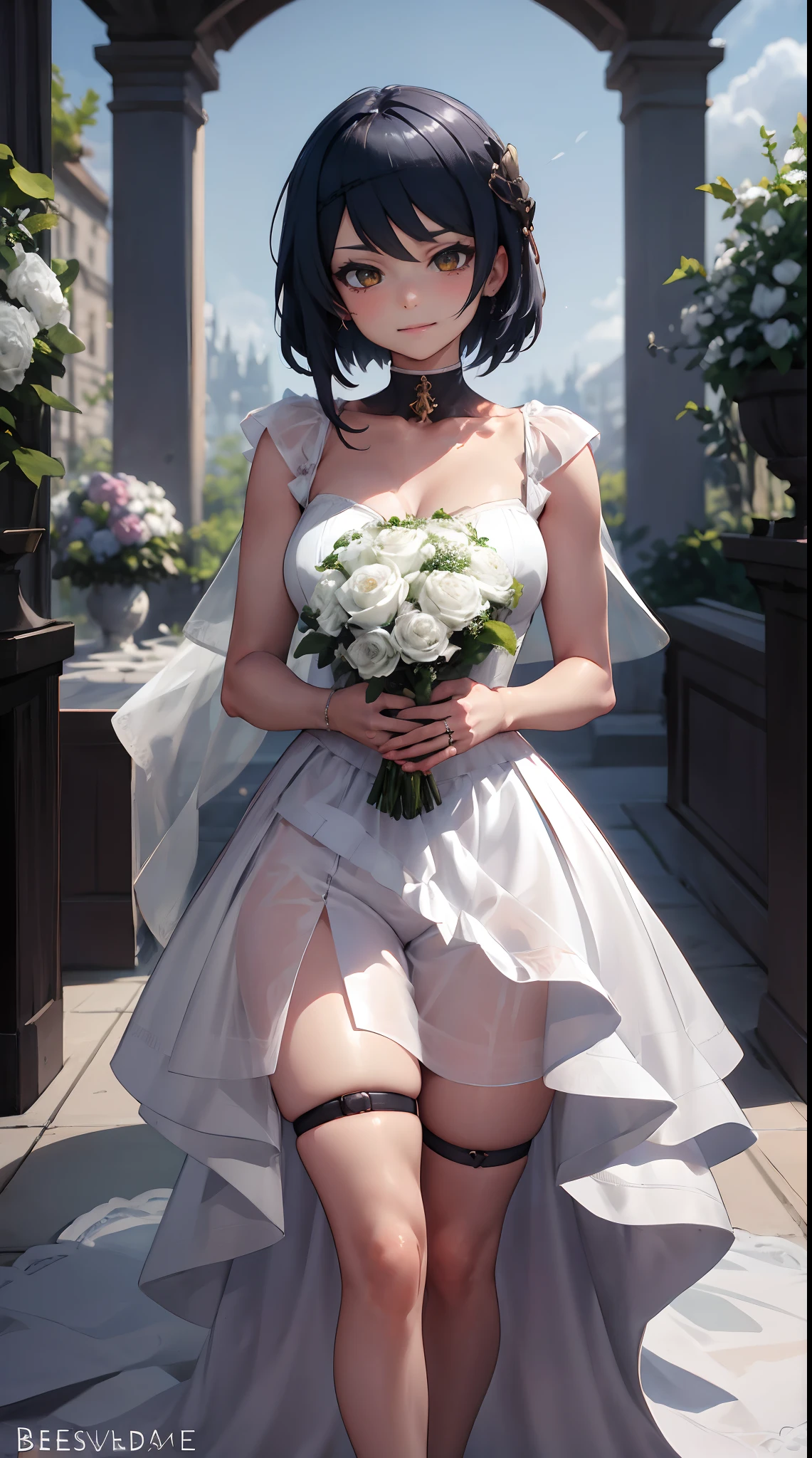 Kujou Sara | genshin impact, master-piece, bestquality, 1girls,25 years old, proportional body, proportional., Wedding Dresses, White Wedding Dress, Long skirt, wedding, ,bara, Standing in the middle of a flower garden, outdoor, wedding, The sky is beautiful, Both hands hold a bouquet of flowers..........................................................................., View viewers from the front., Thigh strap, Head tilt, bored, 10, 10, HD, slight smile,