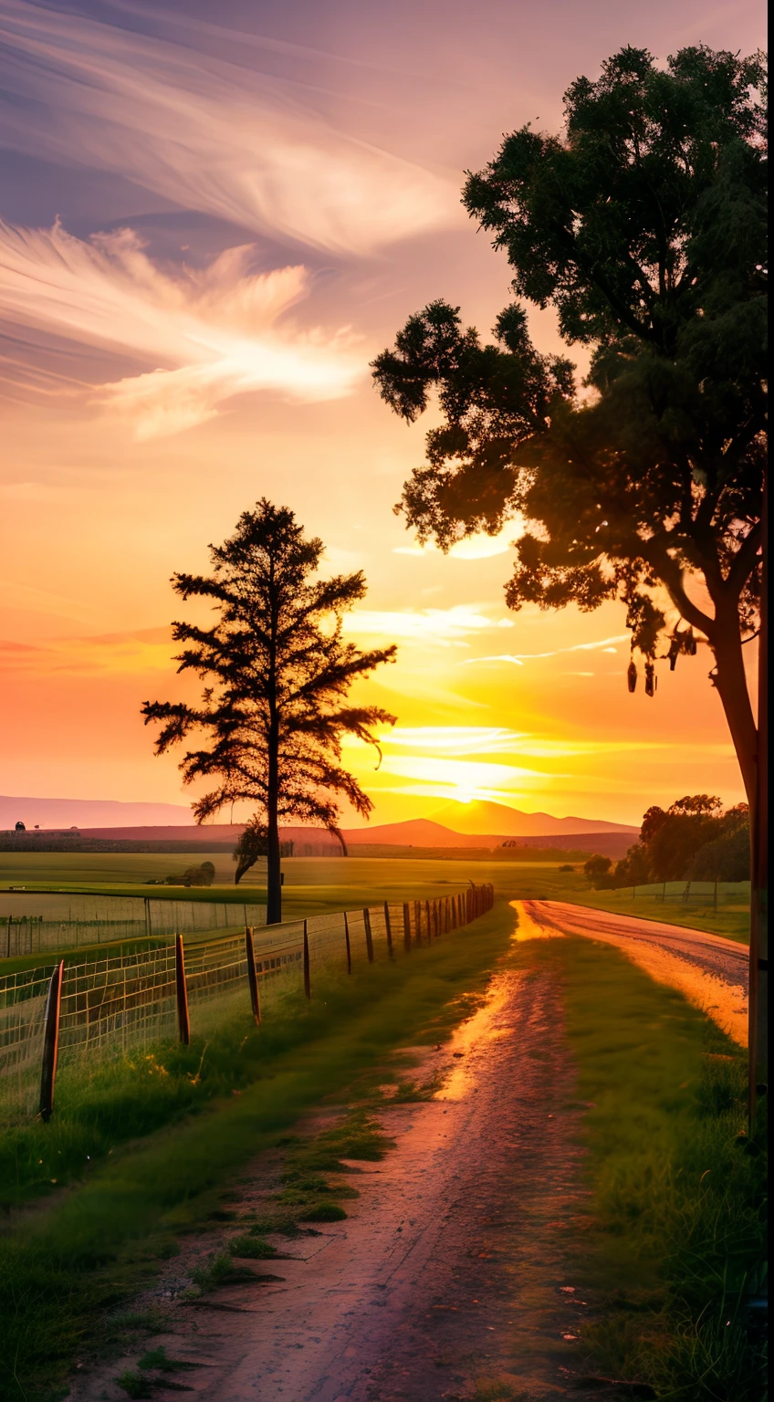 rural landscape, fence, grass, tree, sunset, lake, dirt road, hyper lighting, best lighting, HD, masterpiece, high quality, highres, best quality, artwork, anime style, hyper quality, tree detailed