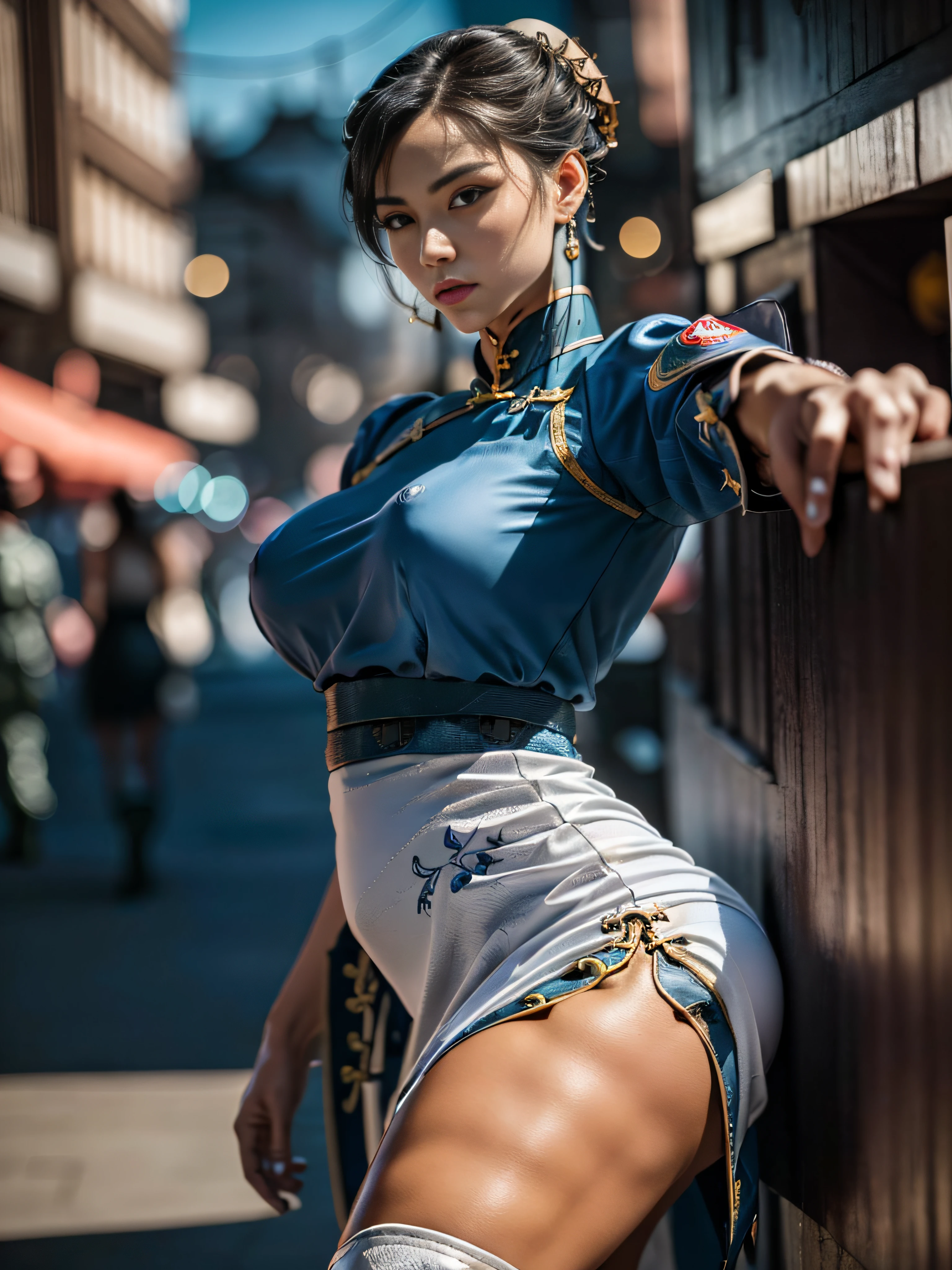 "(exquisitely detailed CG unity 8k wallpaper, masterpiece-quality with stunning realism), (best illumination, best shadow), (best quality), (elegant and demonic style:1.2), Arti modern anime. angled view, heroic pose, closeup full body portrait of stunningly beautiful Chunli from street fighter she has ((dark brown hair:1)), ((white laced boots:.5)), dynamic pose, (blue qipao dress:1.5), full body, stunning body, in a Chinese market at night with neon lights, coy flirty sexy cute expression, slim body, highly ornamented and detailed, brown sheer pantyhose, depth of field blur effect, night, full zoom, action portrait, photorealistic. cinematic lighting, highly detailed. best quality, 4k, Better hand, perfect anatomy, leaning forward, foreshortening effects, coy flirty sexy expression, foreshortening effect, (piercing eyes:0.8), surrounded by an ominous and dark atmosphere, accentuated by dramatic and striking lighting, imbued with a sense of surreal fantasy". (kick pose:.3) ready to fight, (wearing white laced military boots:1.5)