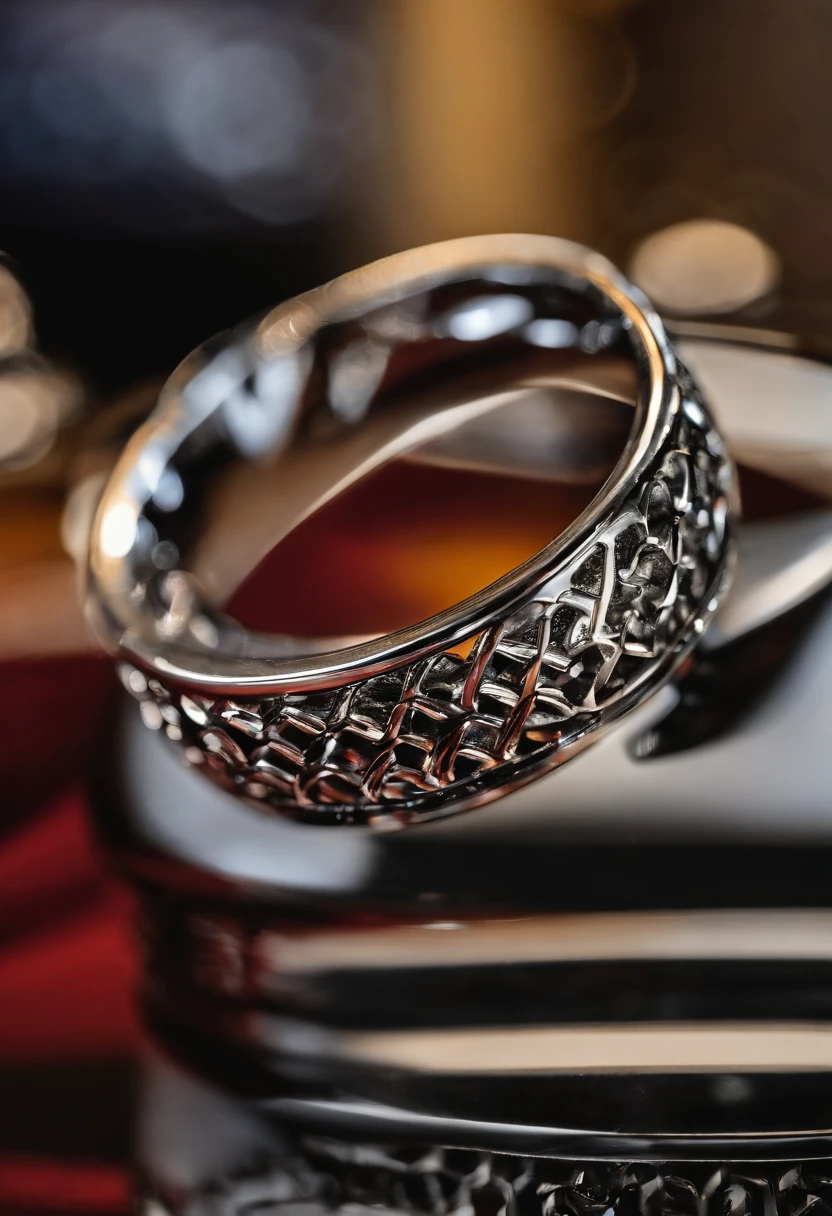 ((Metal rings)),hyper photorealism,Alexander Calder,macro shot,reflective lens,spotlight,Reflection,Luxury photography,Local close-up,((Simple))