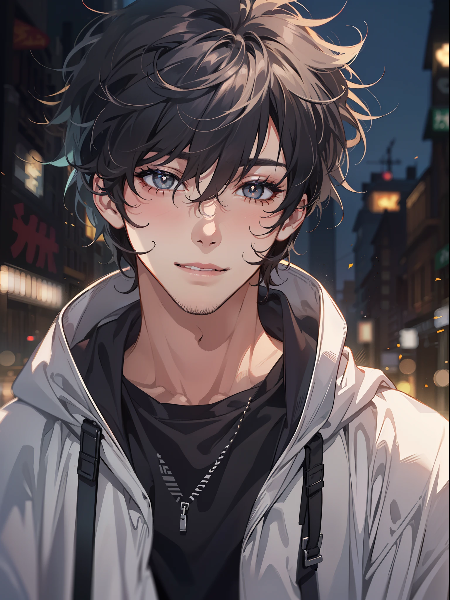 ((highest quality, masterpiece, 4k, finely detailed, detailed eyes, detailed face, gelbooru, pixiv)), warm lighting, ((solo)), 1 male, handsome, masculine, adult male, broad shoulders, closeup of face, ((black chin hair)), portrait, slight blush on cheeks, smiling, looking at viewer, ((lazy eyes, half-lidded, eyebags under eyes, black eyes with white pupils)), wearing modern clothing, hoodie with a logo, sweatpants, standing, hands in pockets, ((black hair, medium length hair, shaggy hairstyle, messy hair)), city background