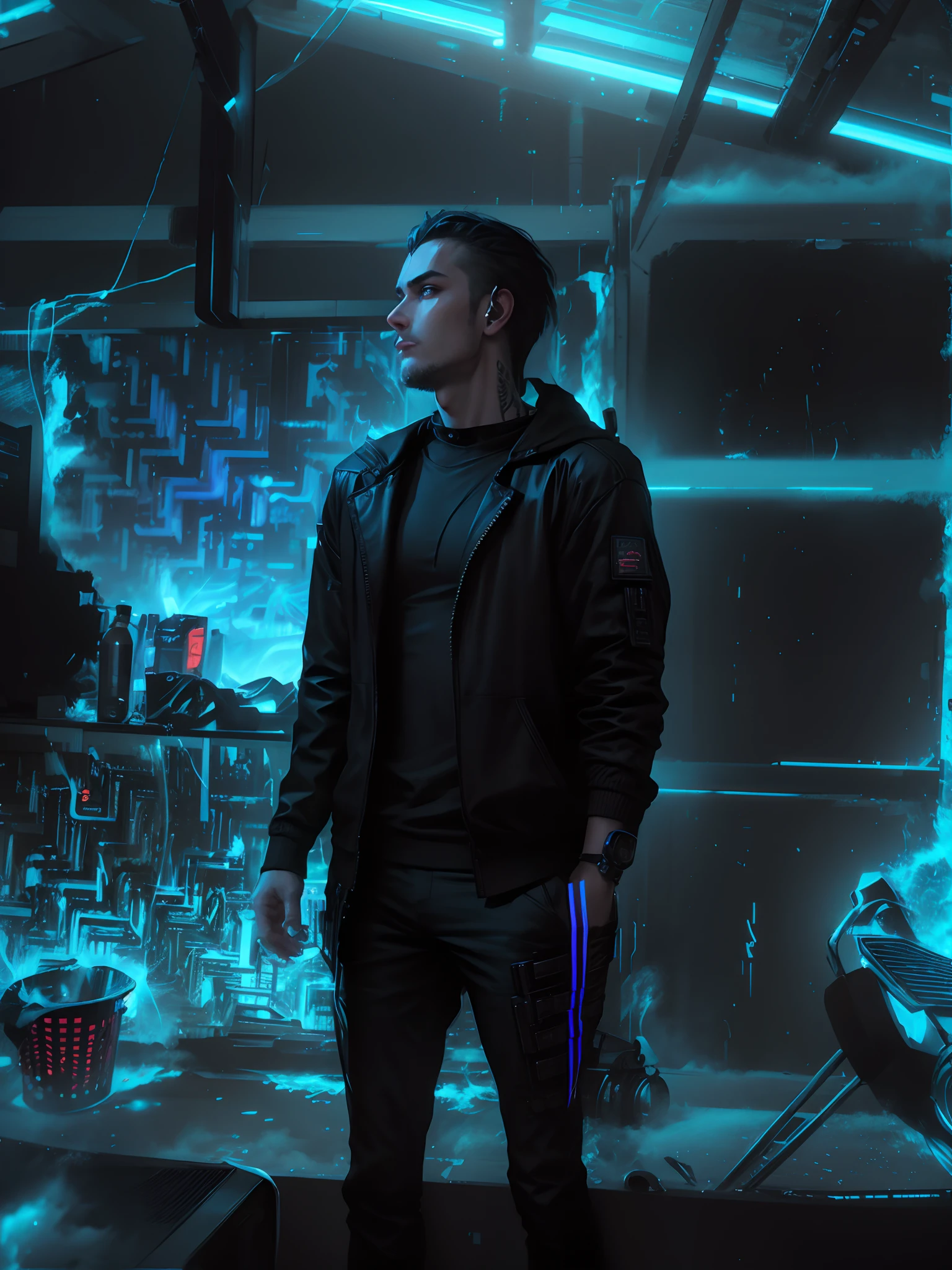 Change background cyberpunk, handsome boy, realistic face,8k, ultra, realistic light and smoke,