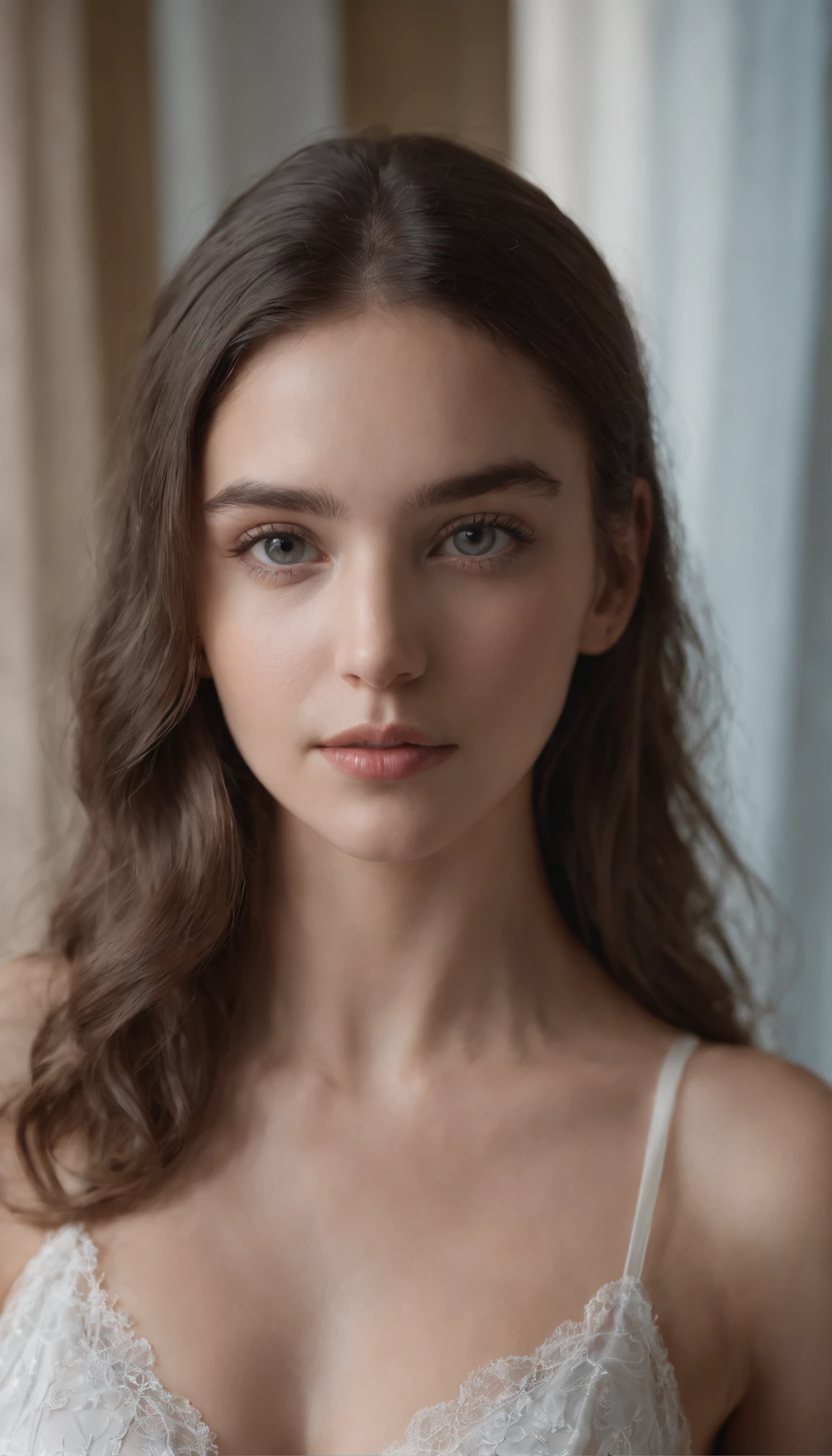 menina adolescente, magra, mid hair, loira, olhos azuis, de lingerie branca transparente, de quatro.